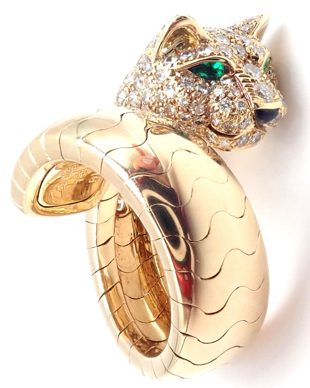 Authentic Cartier Panther 18k Yellow Gold Diamond Emerald Onyx Band Ring - Luxury Jewelry for Women, Perfect for Weddings, Anniversaries & Special Occasions