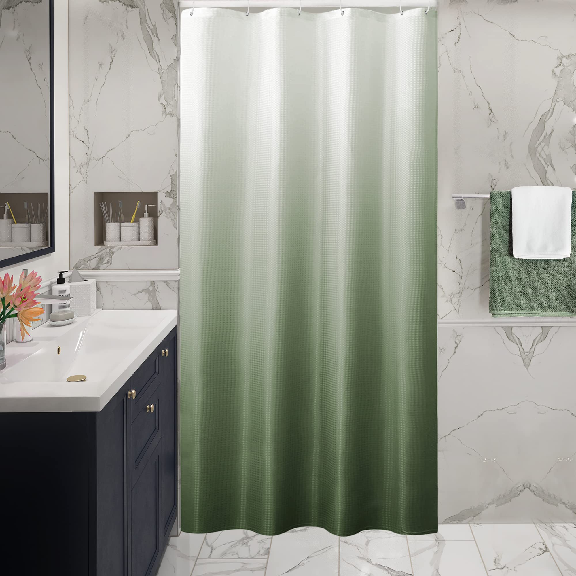 Gibelle Small Stall Shower Curtain 36 x 72 Inches - Narrow Half Sage Green Ombre Bathroom Shower Curtain with Hooks | Waffle Weave Fabric, Water Repellent & Machine Washable | Perfect for Small Bathrooms, Apartments & RVs