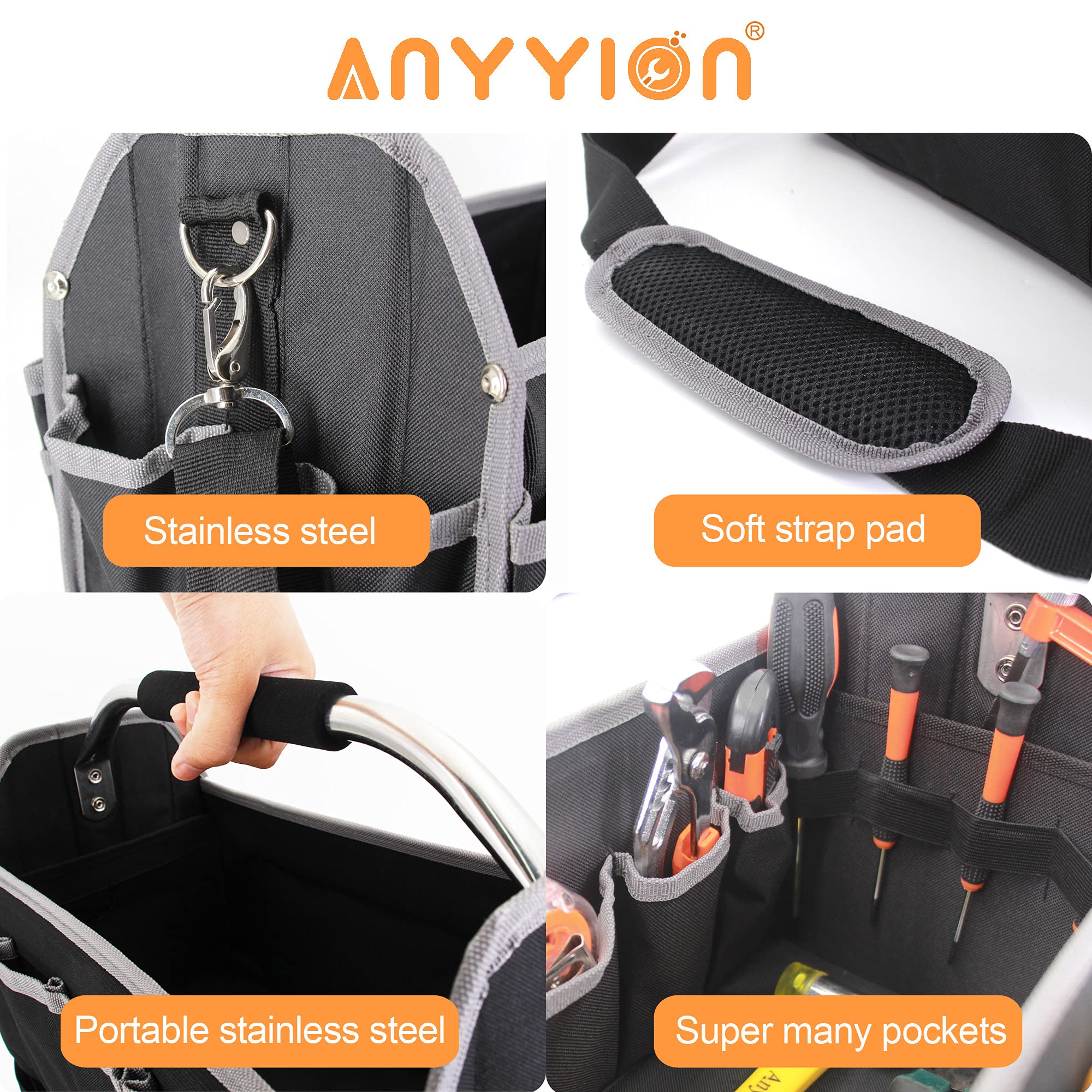 **Anyyion 16.5in Electrician Tool Bag with Multiple Pockets – Heavy-Duty Open Top Tool Organizer for Easy Carrying – Perfect for Electricians, Contractors & DIY Projects**    *(Use Case: Ideal for electricians, plumbers, and handymen to store and transport tools efficiently on job sites or home repairs.)*