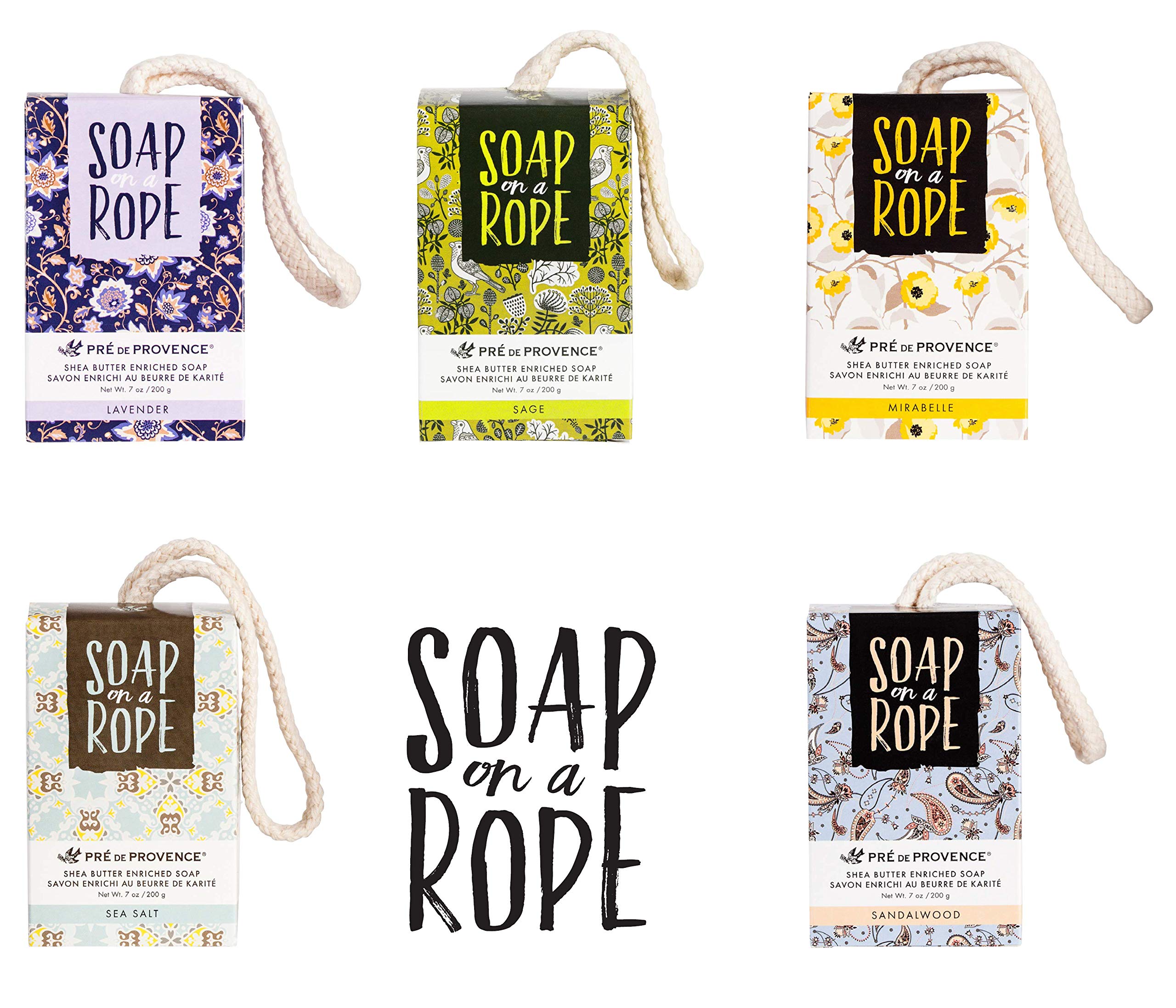 Pre de Provence Soap On a Rope - Natural Sea Salt Exfoliating Bar Soap, 200g for Men & Women | Perfect for Shower, Bath & Travel