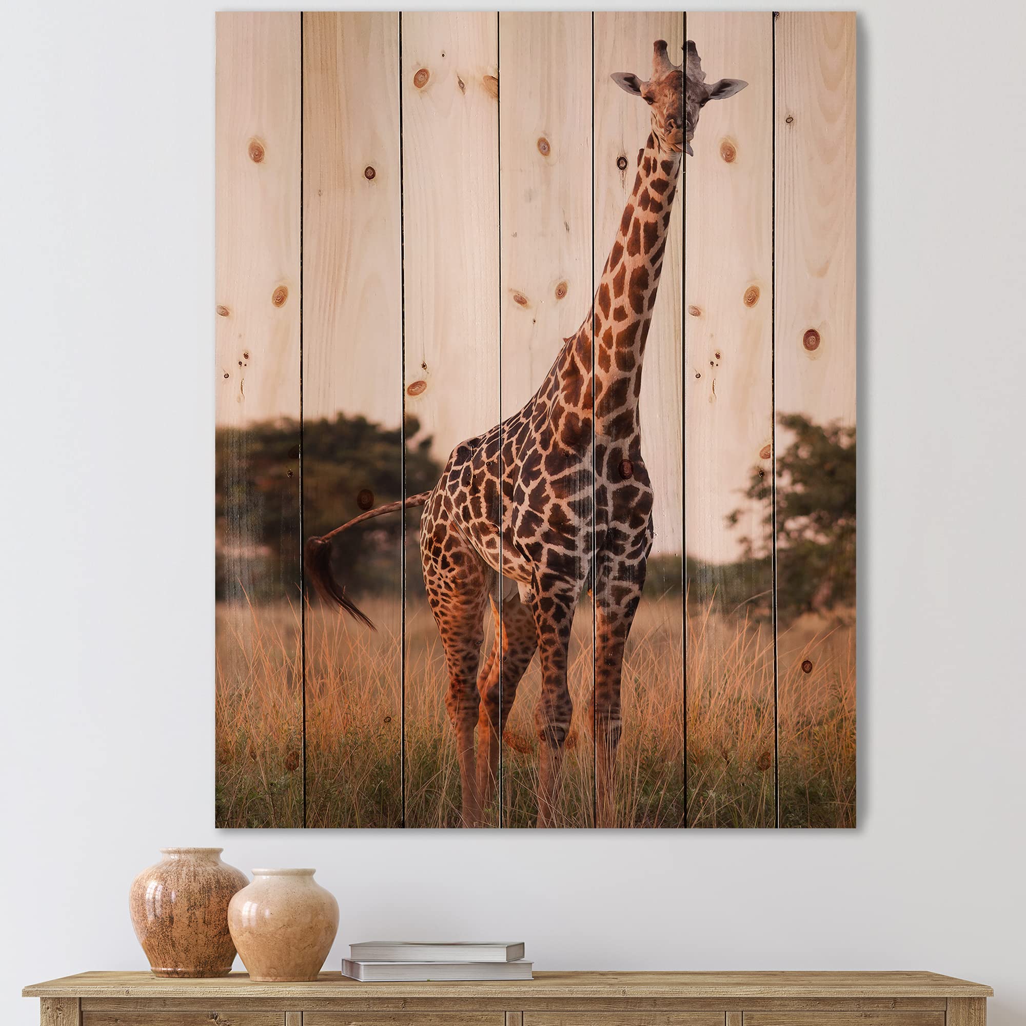 DesignQ African Giraffe in the Wild - Rustic Farmhouse Wood Wall Decor, Brown Wood Wall Art, Large Animal Wood Panel Printed on Natural Pine - Perfect for Living Room, Nursery & Safari-Themed Home Decor