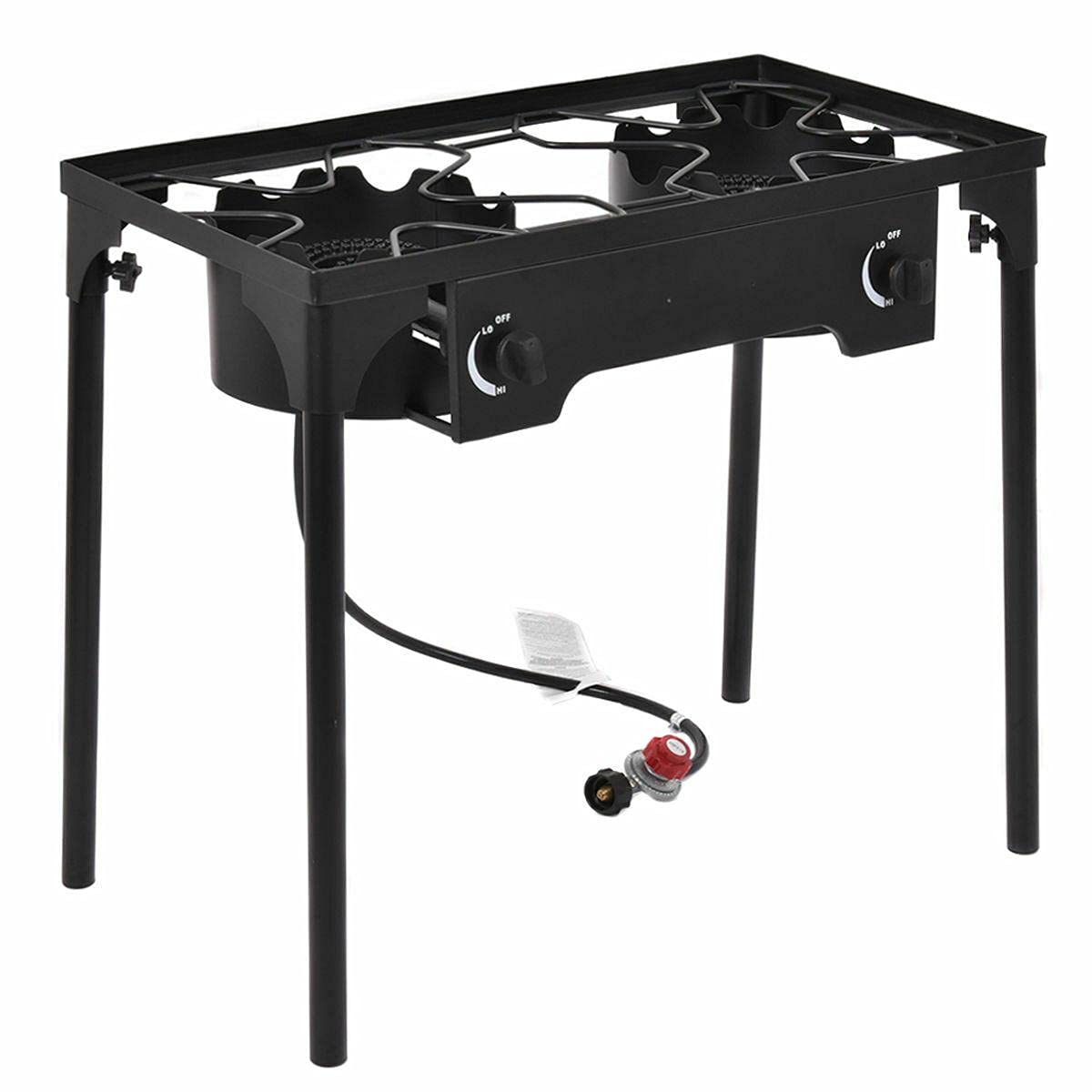 **BebLP Double Burner Outdoor Camping Stove - Portable BBQ Grill Stand with Prep Table, Black - Perfect for Backyard, Picnic & Tailgating**