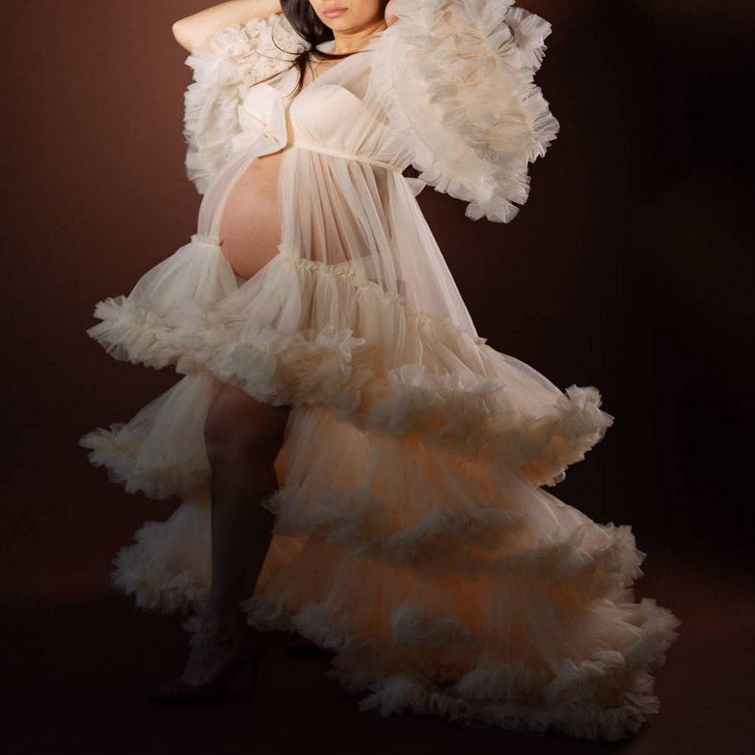 Elegant Tulle Maternity Robe - Long Lace Nightgown for Pregnancy Photoshoots & Baby Showers - Comfortable Nursing Dress for Expecting Mothers - Perfect for Maternity Photos, Bridal Showers & Special Occasions - SZPD09