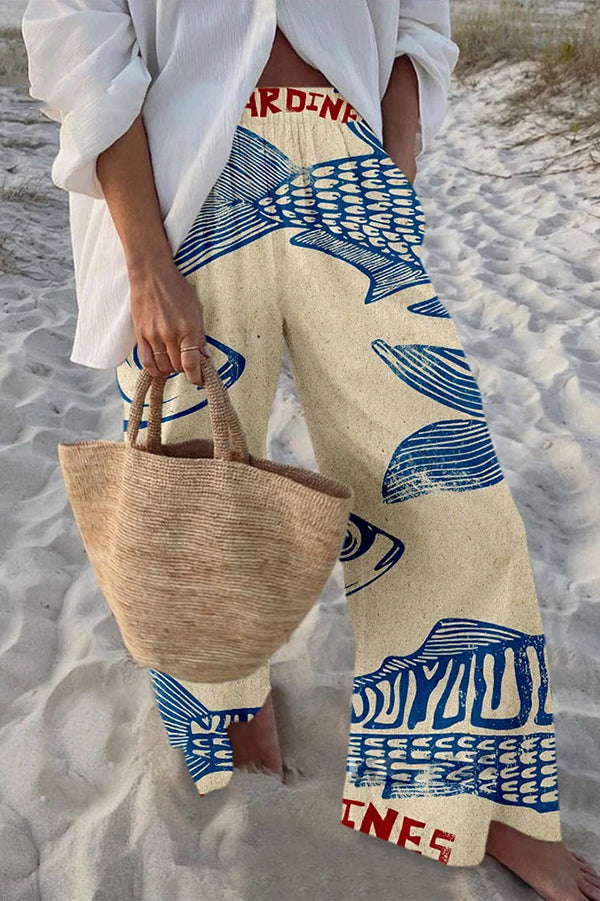 Stylish Marine Print Elastic Waist Loose Pocket Pants for Women - Comfortable Beachwear & Casual Summer Outfits