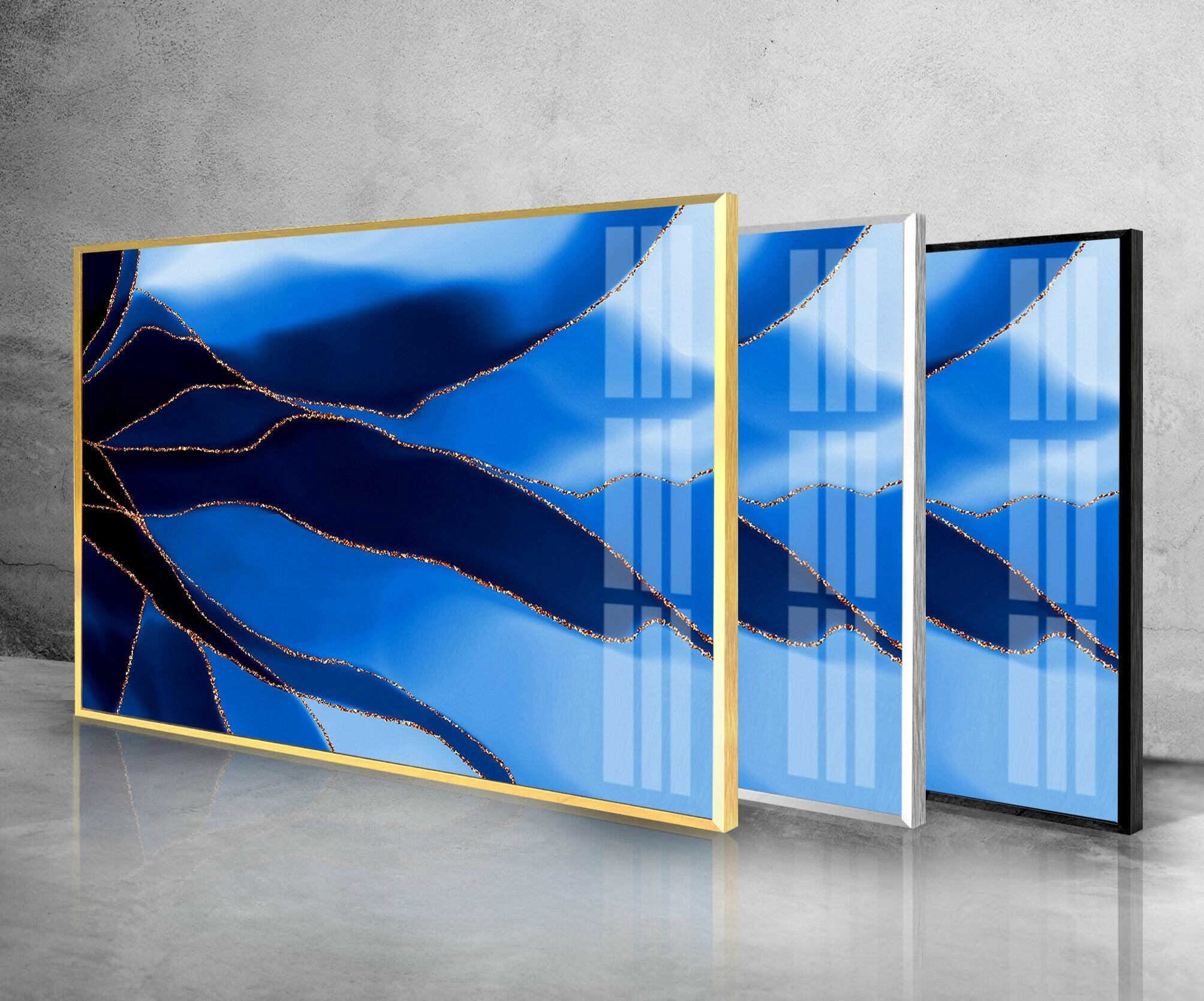 Blue and Gold Marble Abstract Glass Wall Art - Modern Home Decor for Living Room, Bedroom & Office | Handmade Glass Wall Hanging for Contemporary Interior Design