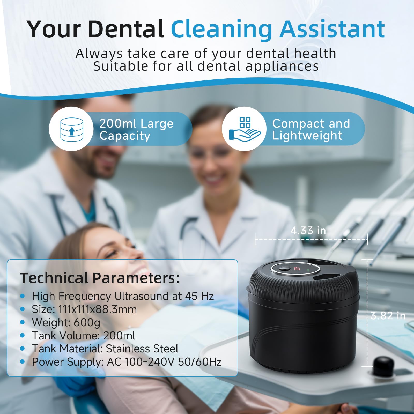 Ultrasonic Retainer Cleaner Machine - 45kHz Dental Appliance Cleaner for Dentures, Mouth Guards, Aligners & Jewelry | 4 Cleaning Modes with Digital Timer & 200ML Tank | Perfect for Daily Oral Care, Travel & Home Use