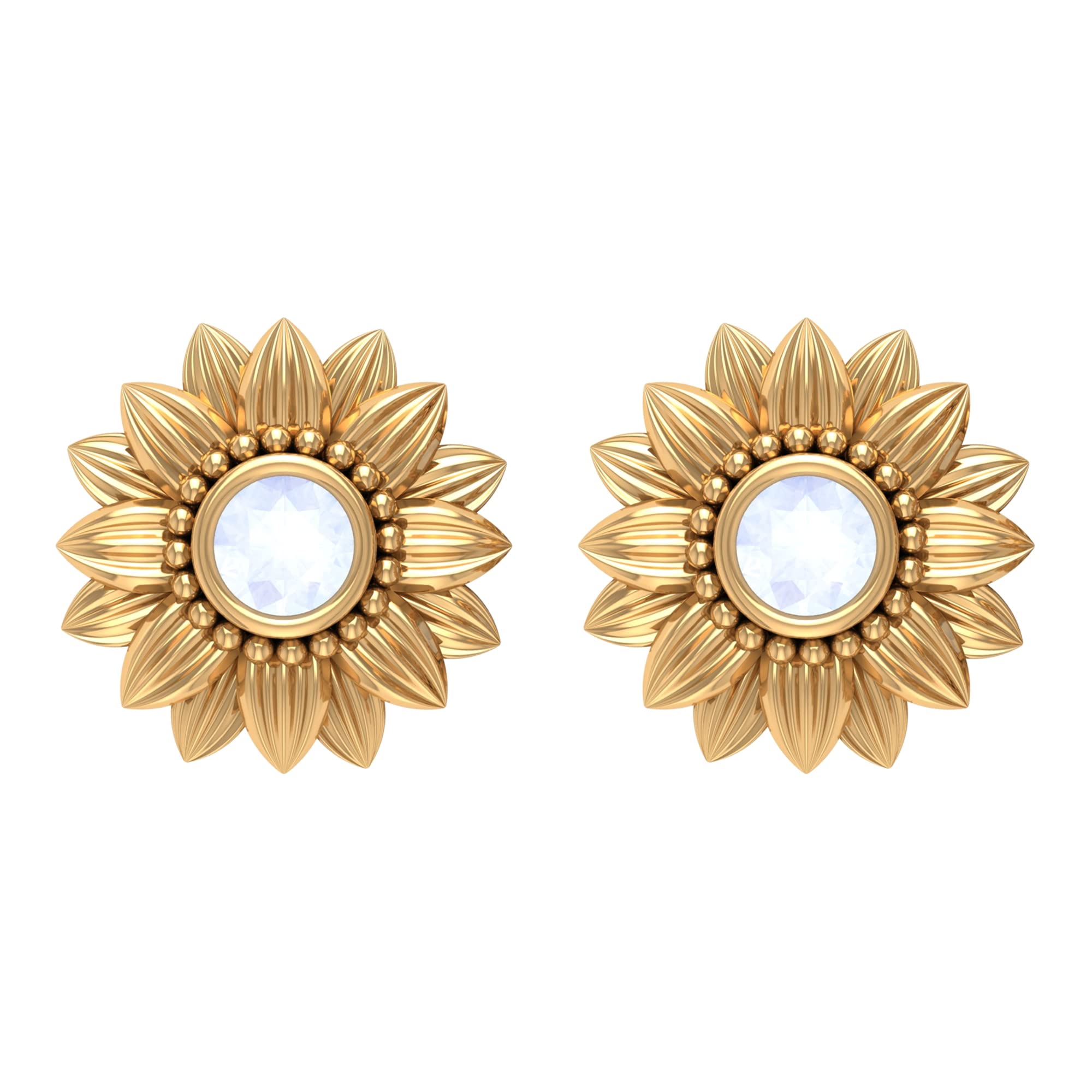 0.25 CT Moonstone Floral Stud Earrings for Women - 14K Solid Gold Bezel Set June Birthstone Earrings with Screw Back - Perfect for Weddings, Anniversaries & Everyday Elegance