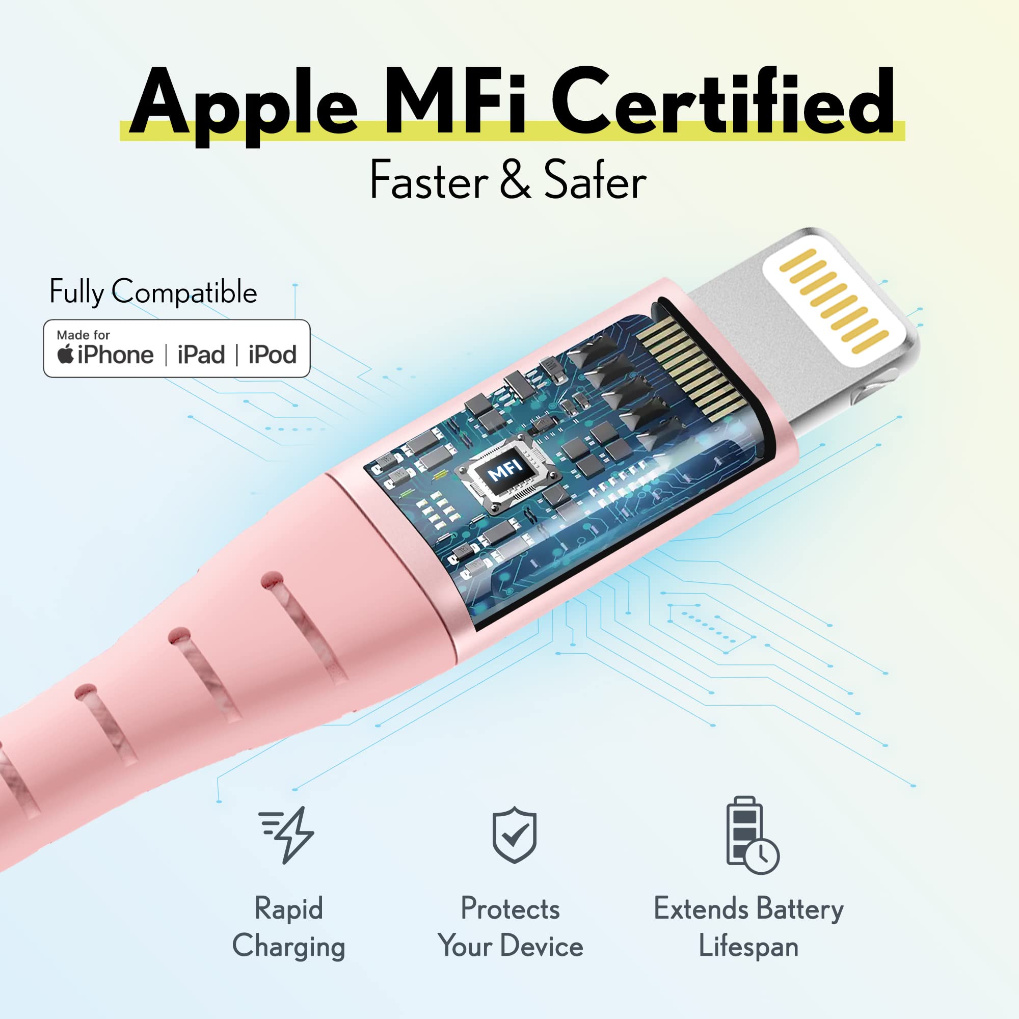 Premium MFI Certified iPhone Lightning Cable - 6ft Fast Charging USB A to Lightning Cord for iPhone 14/13/12/11/X/8/7, iPad & iPod | Durable & Portable | Rose Gold | Perfect for Home, Office & Travel Charging