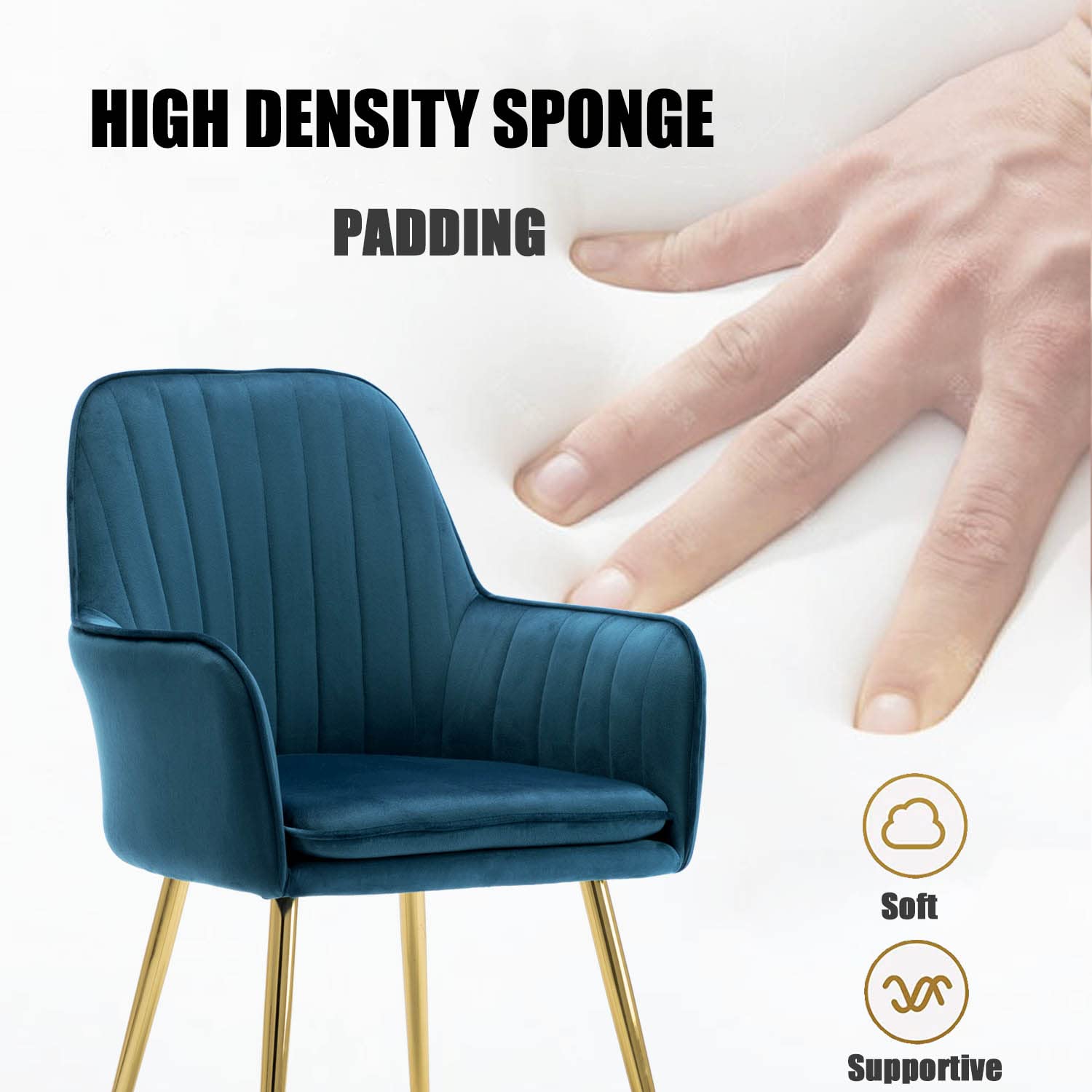 Velvet Accent Chair - Modern Tufted Armchair for Home Office, Living Room & Bedroom - Blue Velvet Upholstery with Golden Metal Legs - Perfect for Reading Nook, Dining Area or Cozy Corner Decor