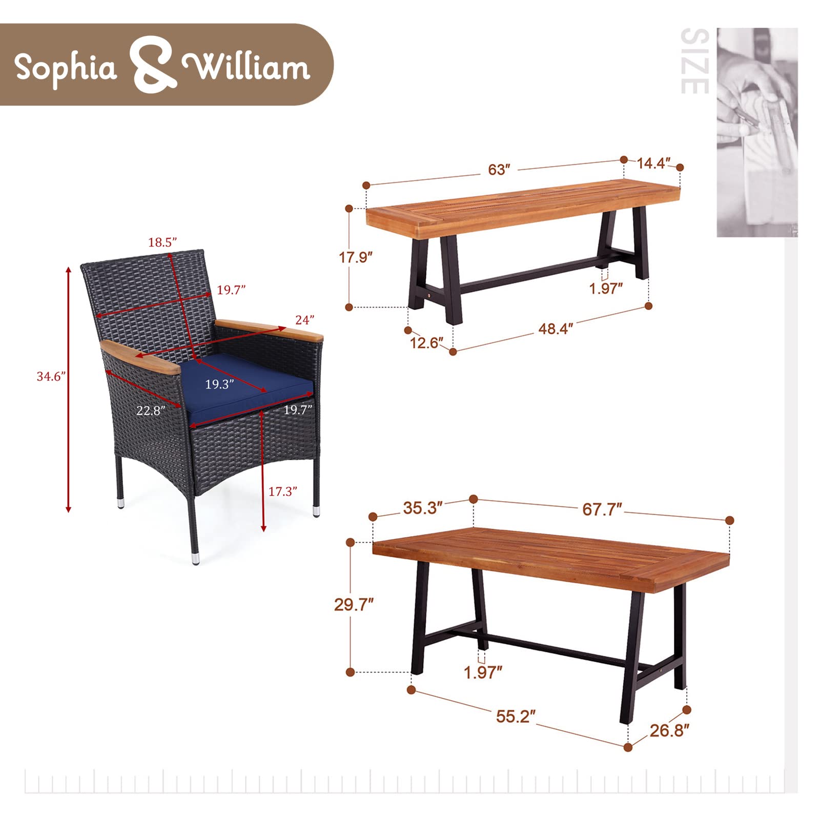 Sophia & William 6-Piece Outdoor Dining Set - Acacia Wood Table with 4 PE Rattan Chairs & Backless Bench - Includes Cushions - Perfect for Patio, Backyard, Poolside & Garden Gatherings