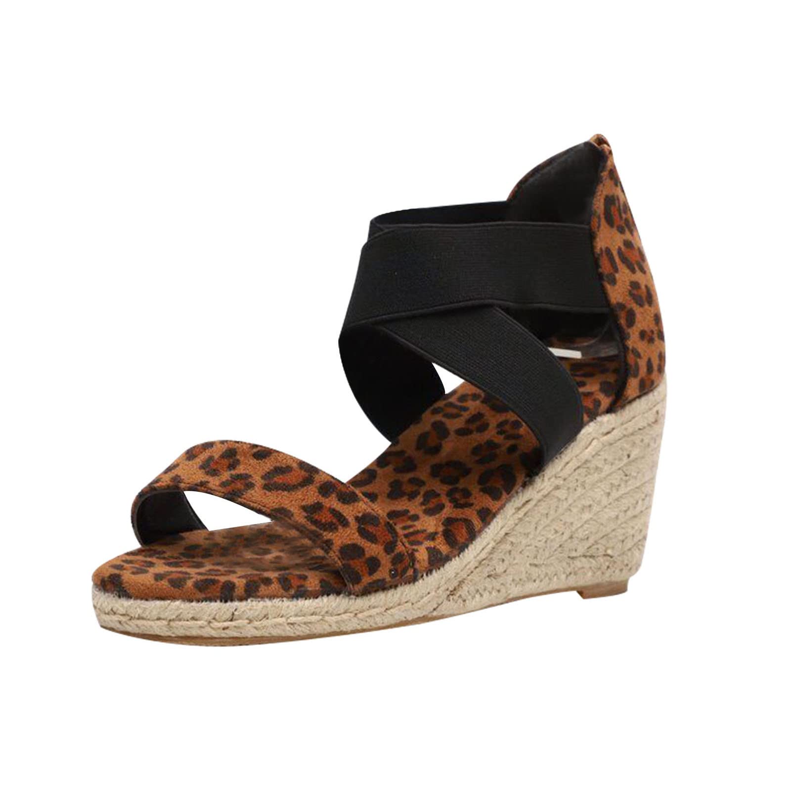 Women's Leopard Print Wedge Platform Sandals - Back Zipper Summer Peep Toe High Heel Cross Band Hemp Rope Sandals | Perfect for Beach Vacations, Date Nights & Summer Fashion Outfits