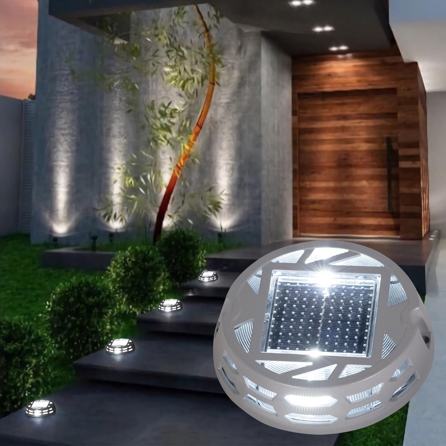 Solar Deck Lights Outdoor - 3 Lighting Modes (Warm/Bright White & Blue), IP67 Waterproof LED Pathway Markers for Driveway, Sidewalk, Garden, Yard & Dock - Perfect for Nighttime Safety and Landscape Lighting