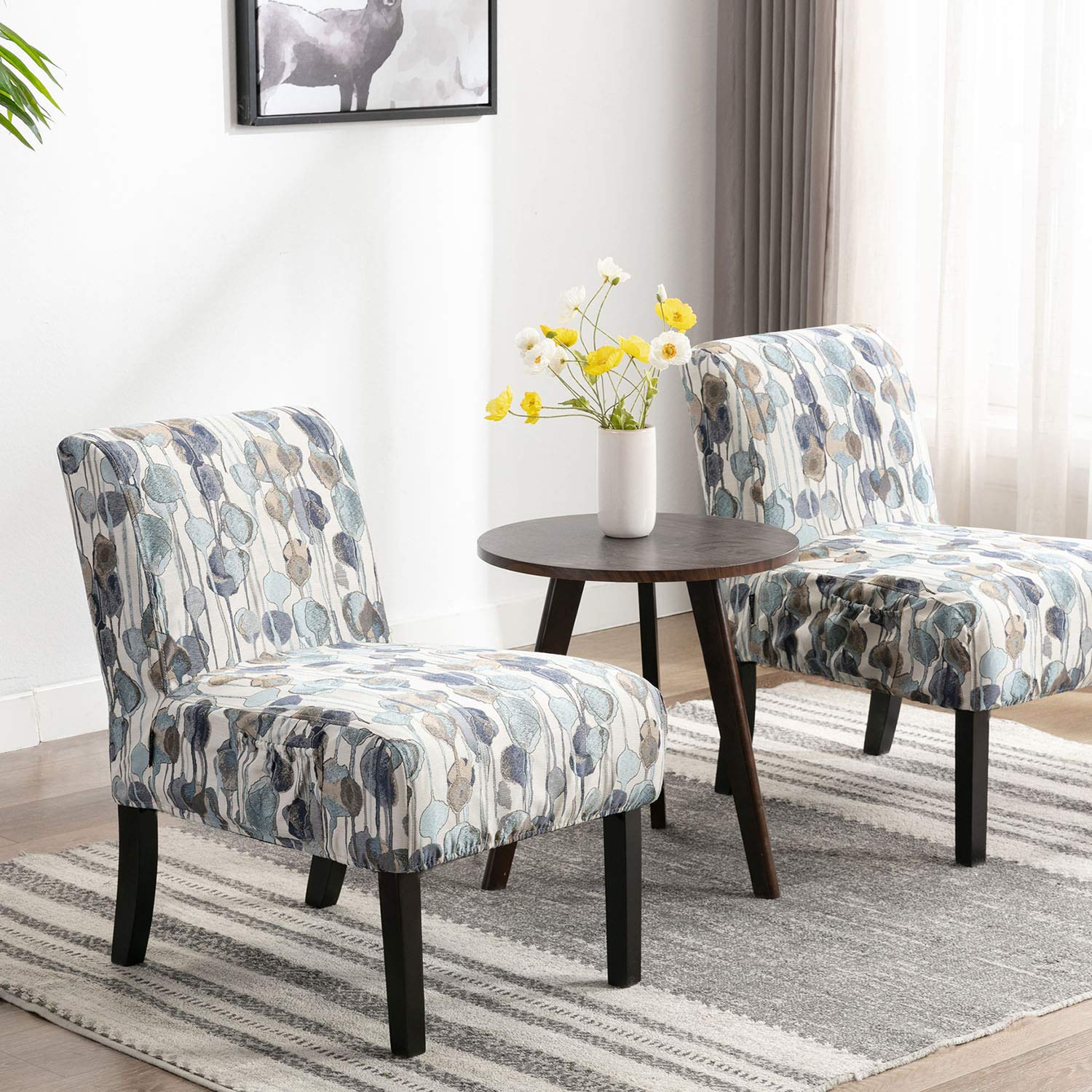 2-Piece Fabric Armless Accent Chairs Set - Modern Slipper Side Chairs with Washable Covers for Living Room, Bedroom & Home Office - White/Blue/Floral Options - Perfect for Small Spaces, Reading Nooks & Guest Seating