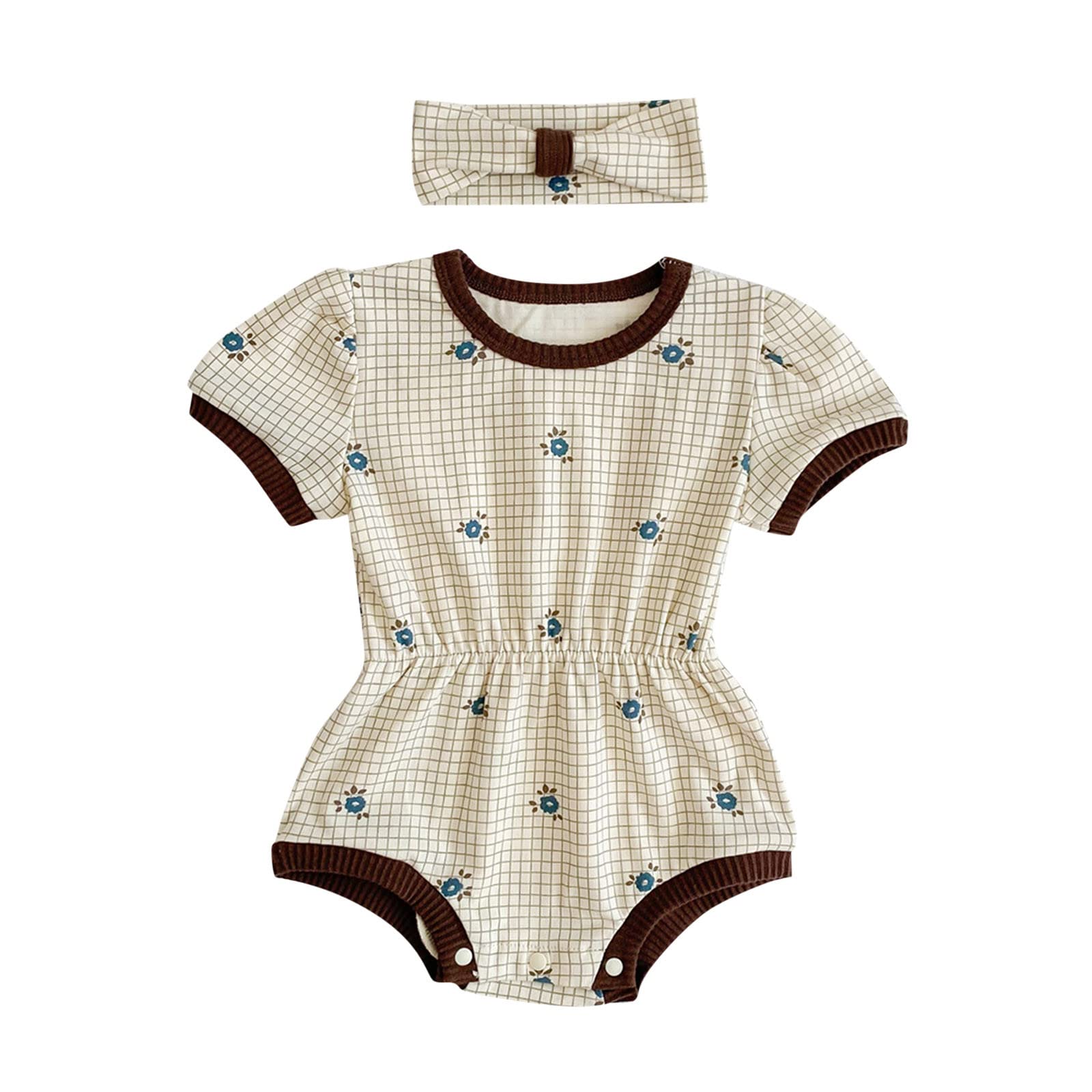 Adorable Baby Romper Outfit - Short Sleeve Plaid & Floral Patchwork Jumpsuit with Headband for Newborn Boys & Girls | Perfect for Playtime, Photo Shoots & Special Occasions