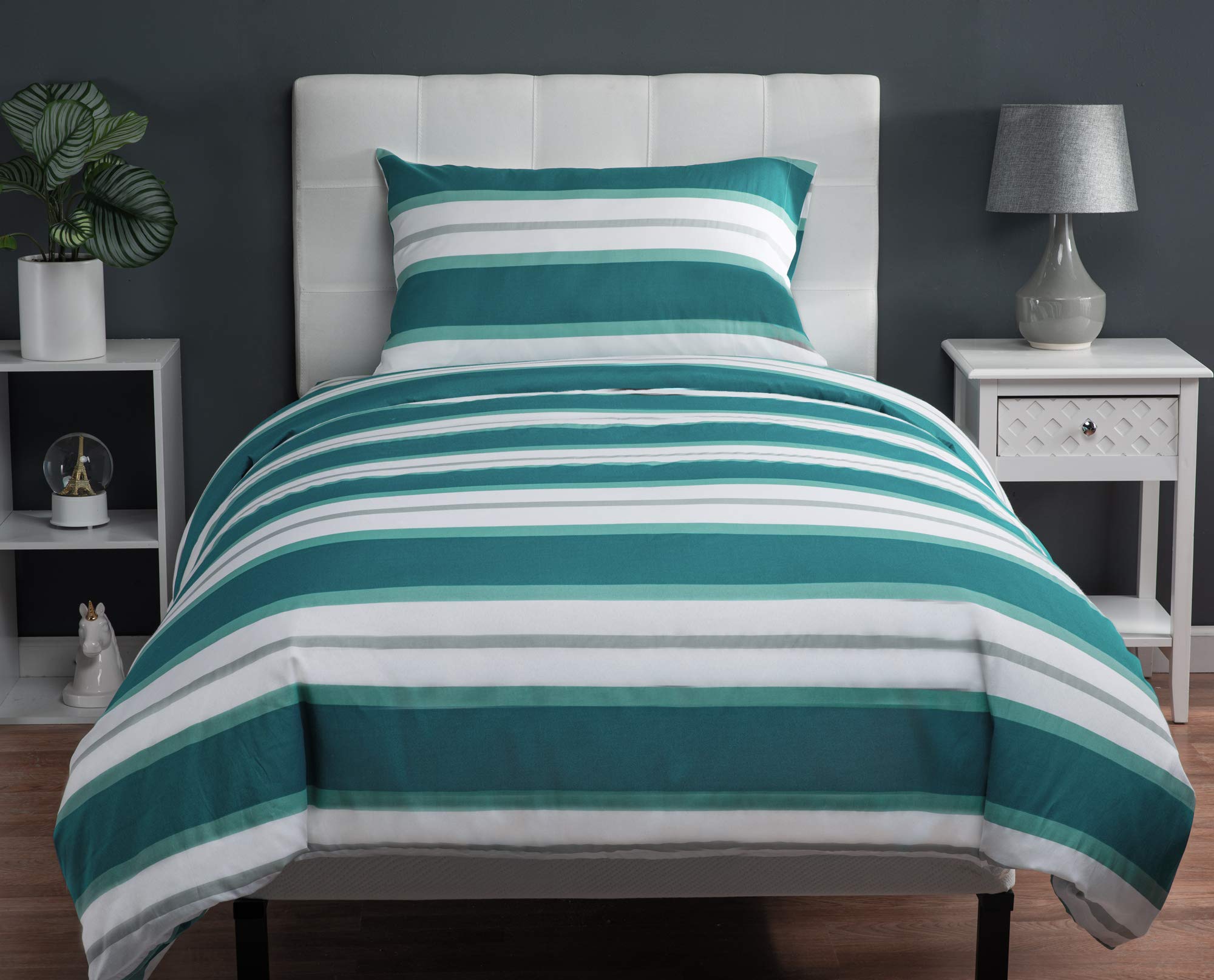 XLNT Twin Size 3-Piece Bedding Set - Soft Cotton Blend Duvet Cover, Bed Sheet & Pillowcase | Machine Washable | Blue Lagoon Striped Design | Perfect for Kids' Rooms, Guest Beds & Dorm Decor