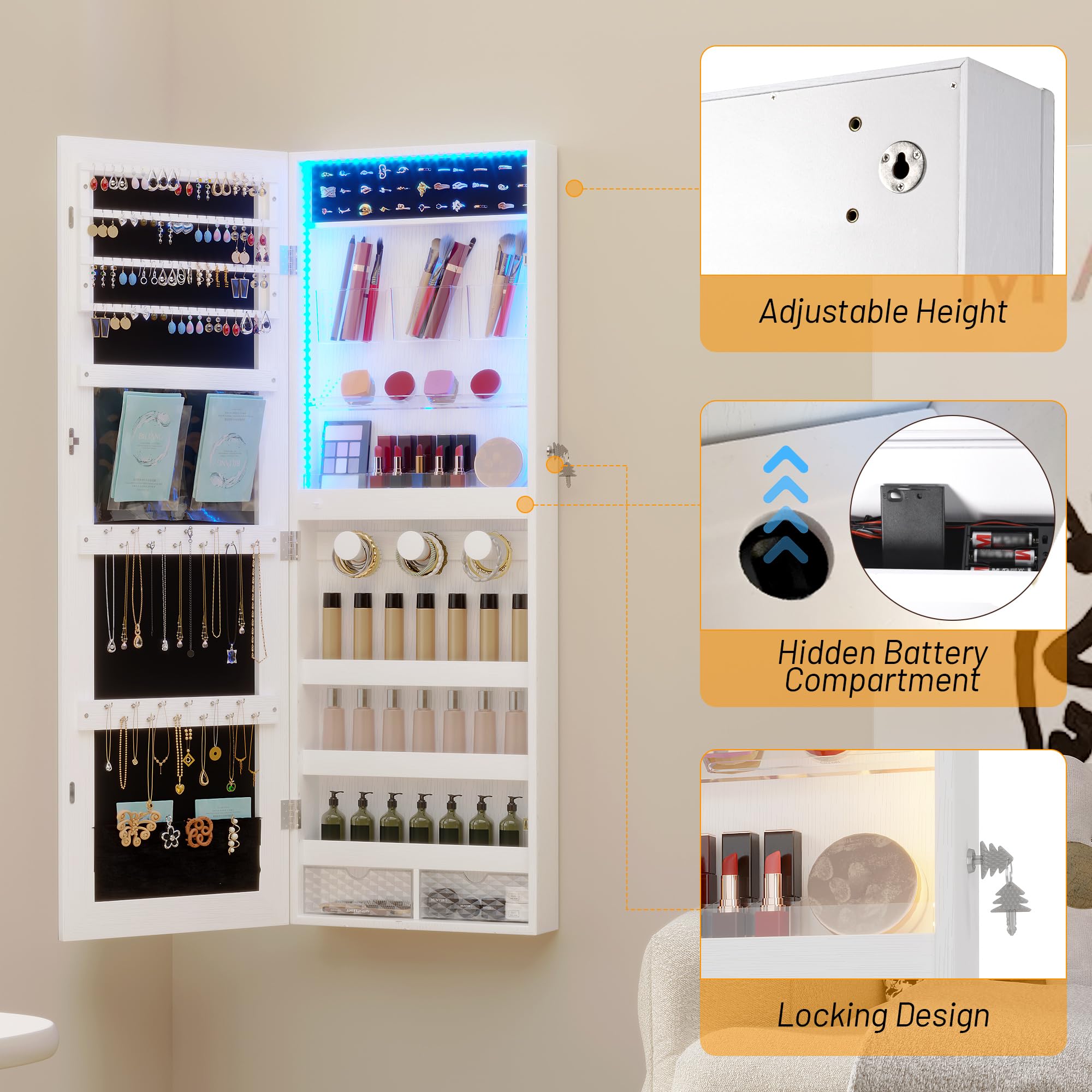 LVSOMT White Lockable Jewelry Armoire Organizer with LED Lights - Wall/Door Mounted Mirror Jewelry Cabinet with Storage | Perfect for Bedroom, Closet & Dressing Room Organization