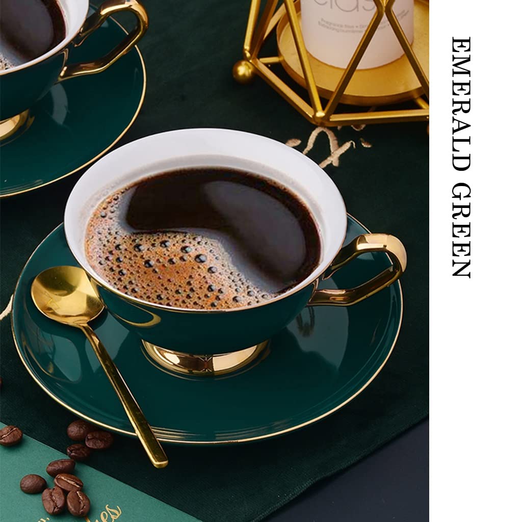 Premium 6-Piece Porcelain Tea Set with Teapot, Cups & Saucers - Elegant Ceramic Tea/Coffee Gift Set for Adults - Perfect for Tea Parties, Afternoon Tea & Home Decor (Green, Style 3)