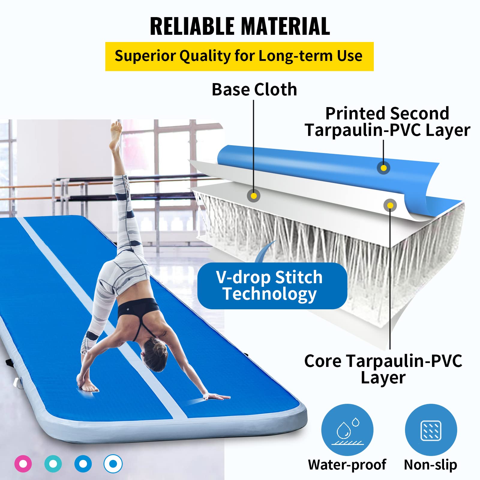 VEVOR 16ft Inflatable Air Gymnastic Mat - 4 Inch Thick Tumble Track with Electric Pump | Durable Training Mat for Home Gym, Cheerleading, Yoga & Water Play | Perfect for Backyard, Studio & Poolside Activities