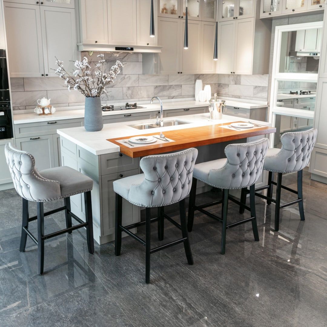 Velvet Upholstered Button Tufted Bar Stools with Wood Legs - Set of 4 Grey Barstools for Kitchen Island, Breakfast Nook & Home Bar Decor