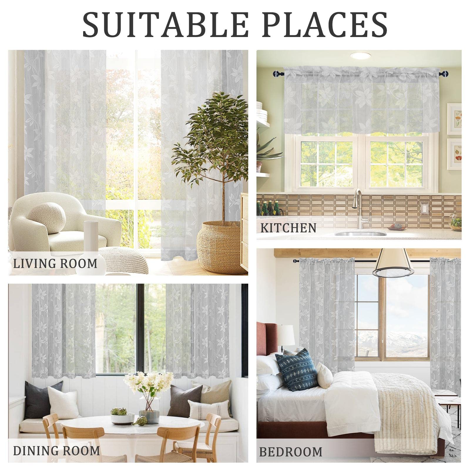 DWCN Grey Floral Lace Sheer Curtains - Rod Pocket Window Voile Sheer Drapes for Bedroom & Kitchen, 52 x 45 Inch Short Curtains Set of 2 Panels - Elegant Home Decor for Living Room, Nursery & Dorm