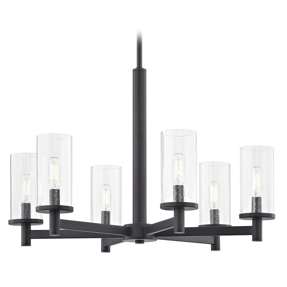 6-Light Modern Chandelier with Seeded Glass - Black Finish for Dining Room, Living Room & Bedroom Lighting