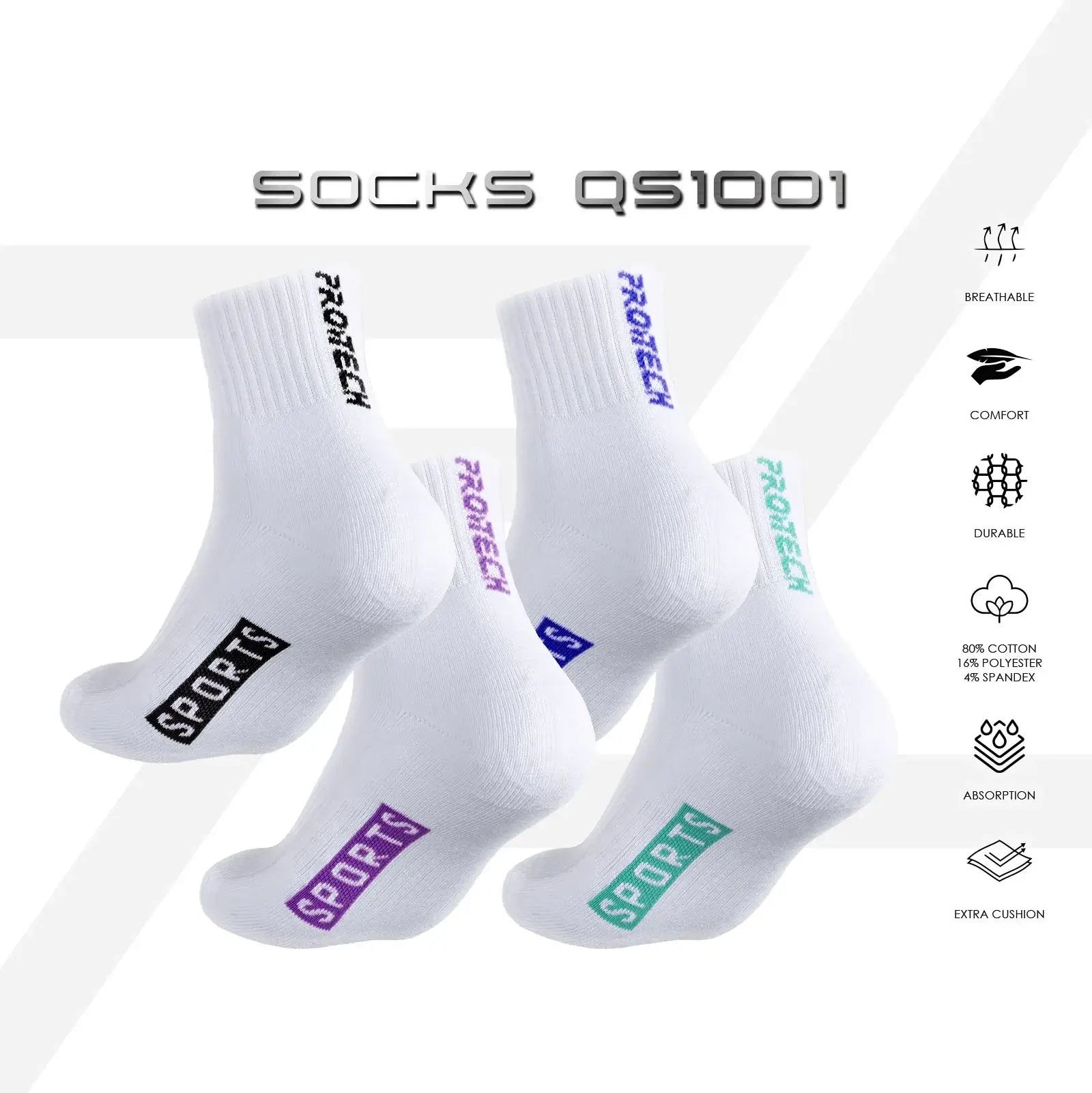 PROTECH Cotton Quarter Sport Socks QS1001 - Breathable Athletic Socks for Running, Gym & Outdoor Activities - Comfortable Cushioned Socks for Men & Women