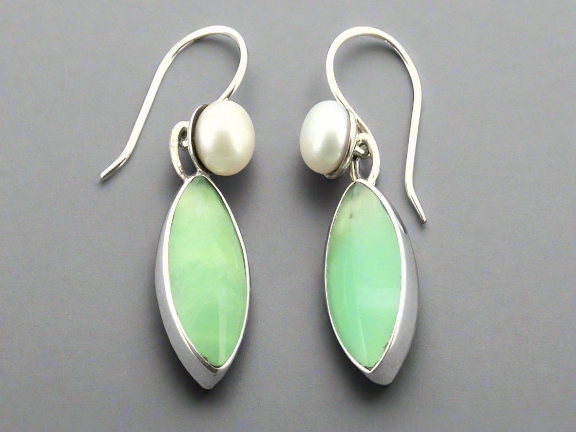 Elegant Almond-Shaped Chrysoprase & Freshwater Pearl Earrings in Sterling Silver - Perfect for Weddings, Parties & Special Occasions