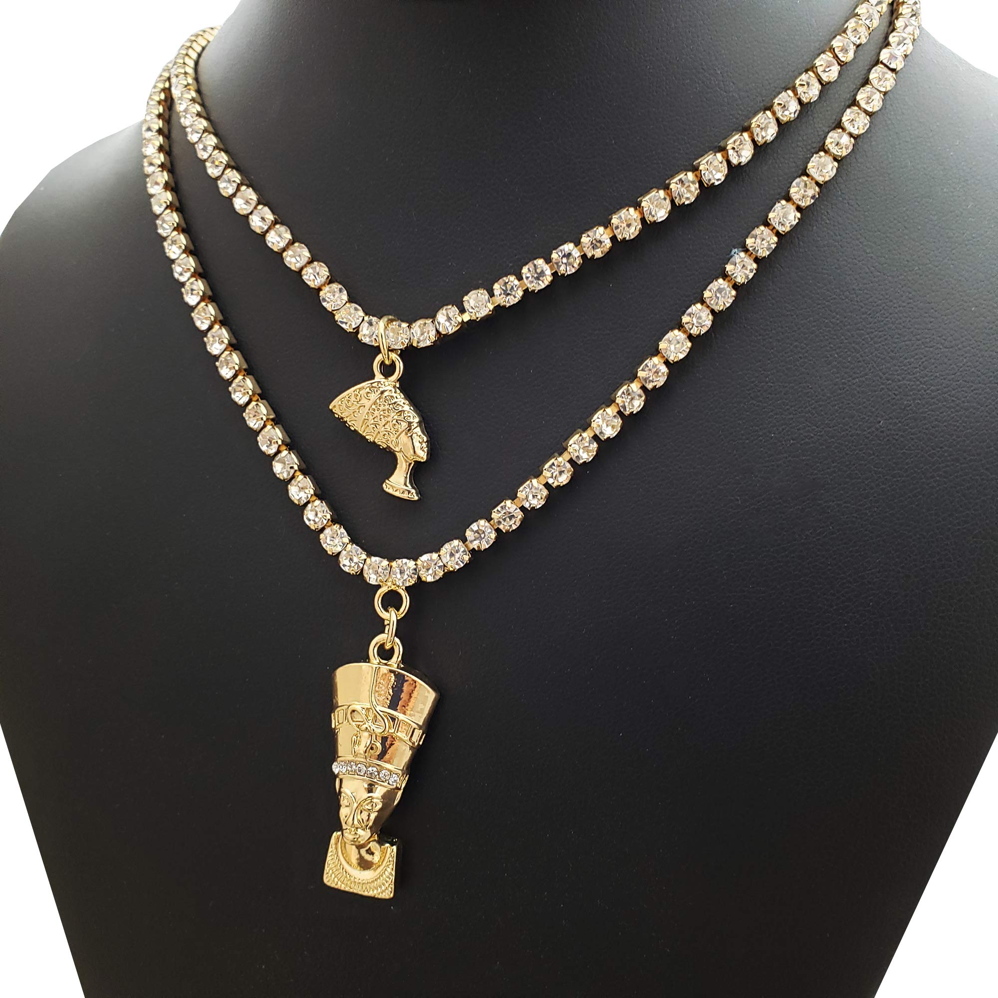 Hip Hop Iced Double Egyptian Nefertiti Pendant & 3mm 16