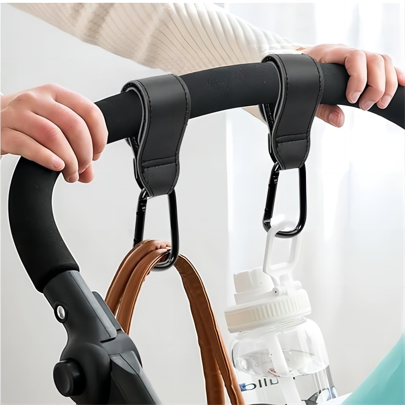 4PCS Premium Leather Stroller Hooks - Heavy Duty Multipurpose Bag Clips for Diaper Bags, Pet Carts & Grocery Shopping (Black & Brown) - Perfect for Baby Strollers, Shopping Carts & Travel Accessories