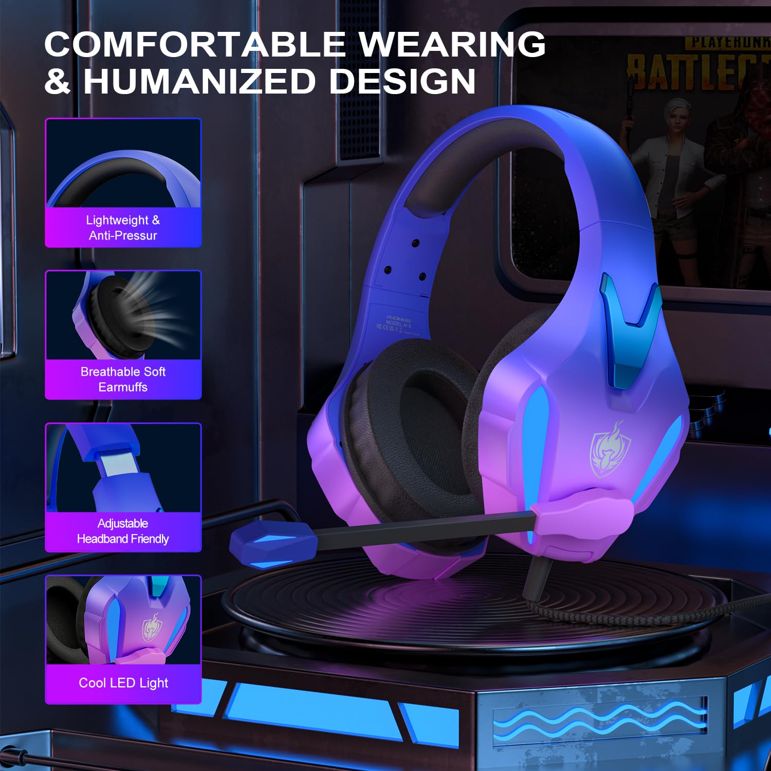 PHOINIKAS PS4 Gaming Headset with 7.1 Stereo Sound - Noise Cancelling Mic & LED Lights for PC, PS5, Xbox, Nintendo Switch & Mobile Devices - Over Ear Headphones for Gaming, Streaming & Online Chat (Violet)