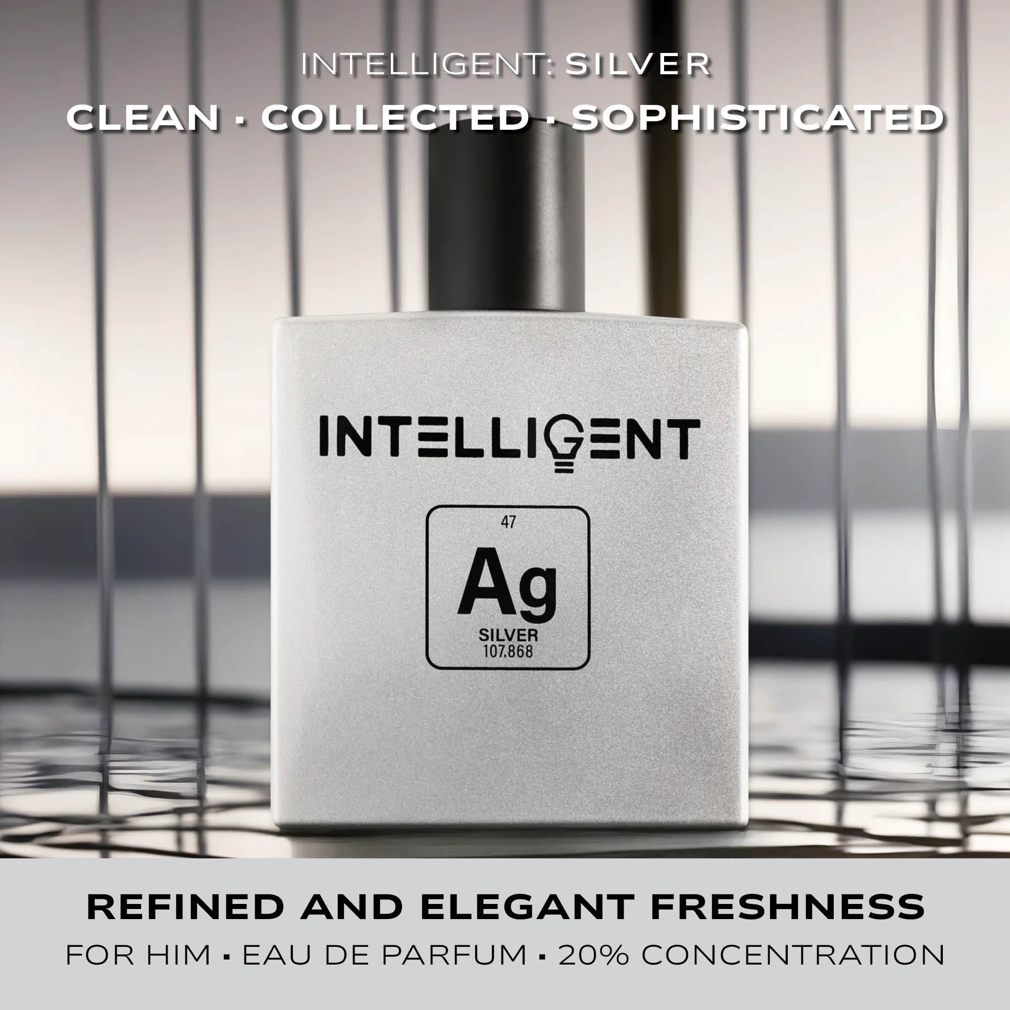 Intelligent Silver Men's Extrait de Parfum - 3.4 Fl Oz (100 mL) | Clean, Sophisticated & Long-Lasting Fragrance for Work, Date Night & Special Occasions