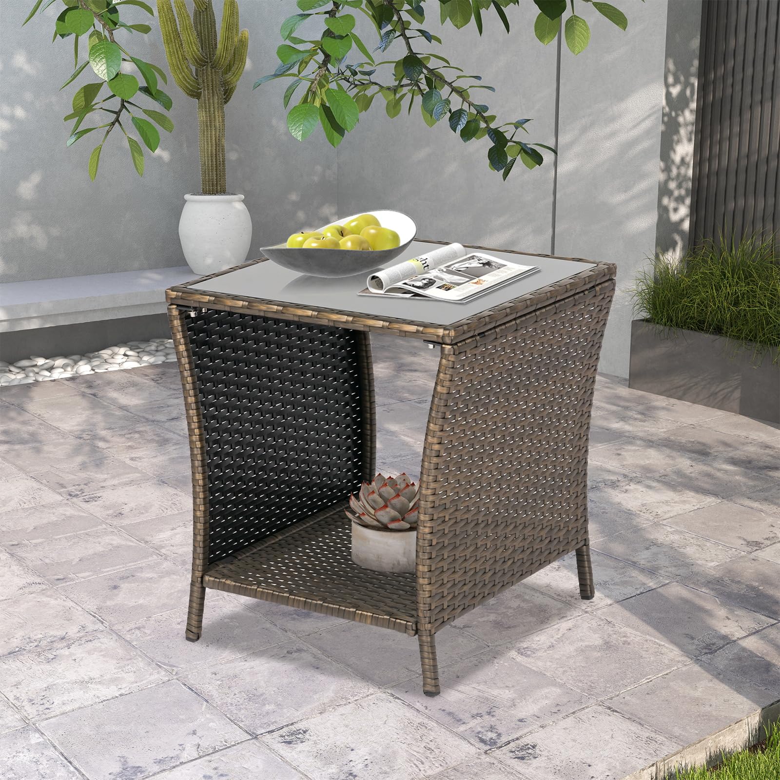 Kinbor Outdoor Side Table - Small Wicker End Table for Porch, Patio, Backyard & Poolside | Weather-Resistant & Easy Maintenance Gold Accent | Perfect for Lounge Chairs, Sunbathing & Outdoor Entertaining