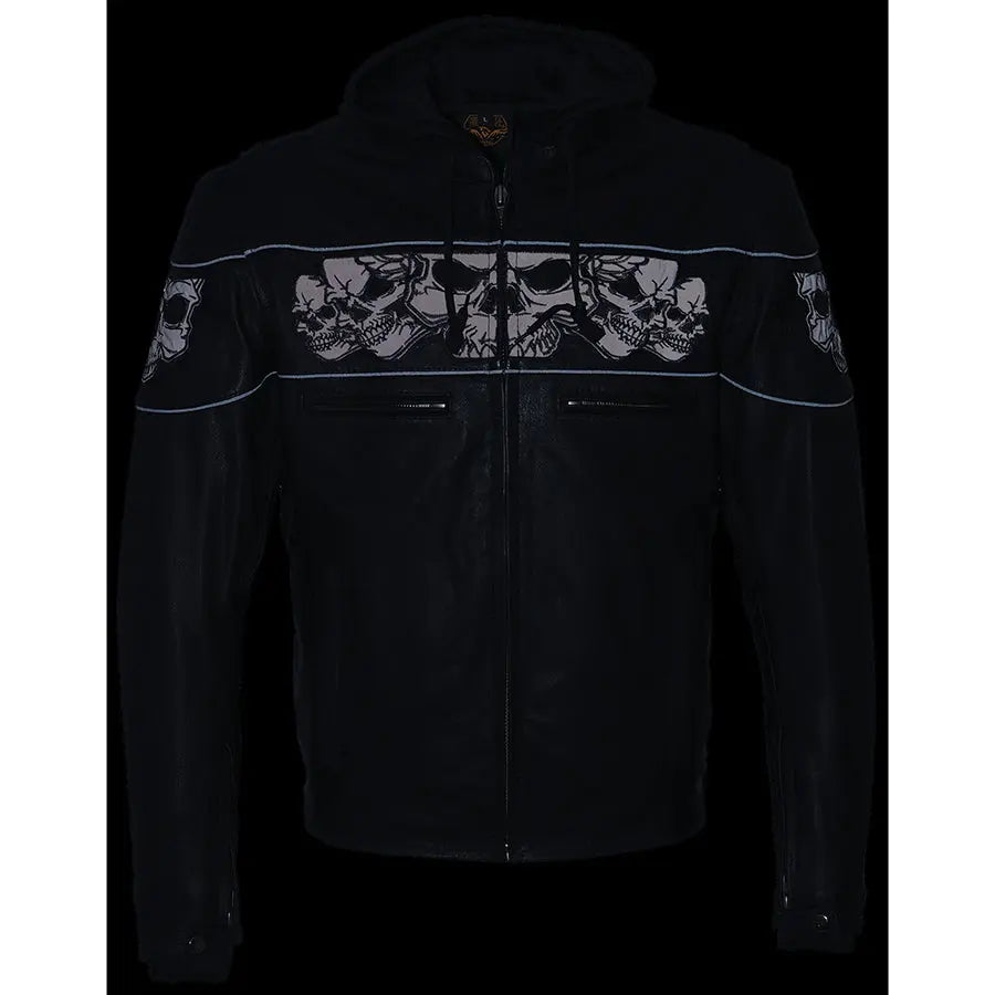 Milwaukee Leather Men's Crossover Scooter Jacket with Reflective Skulls & Removable Hood - Motorcycle Riding, Urban Fashion, Winter Outerwear
