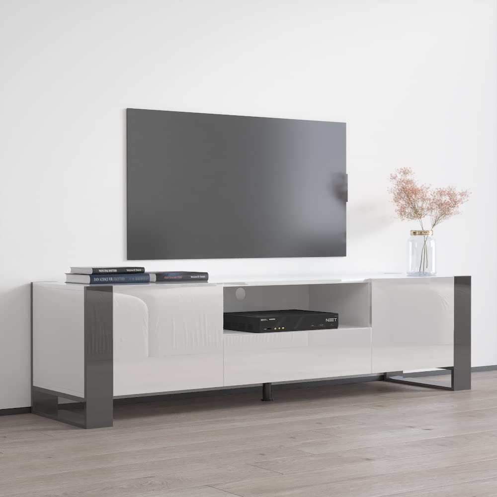 Modern Woody Freestanding TV Stand with Storage Cabinets - 75 Inch Media Entertainment Center Console Table - White/Gray TV Stand for Living Room, Bedroom & Home Theater