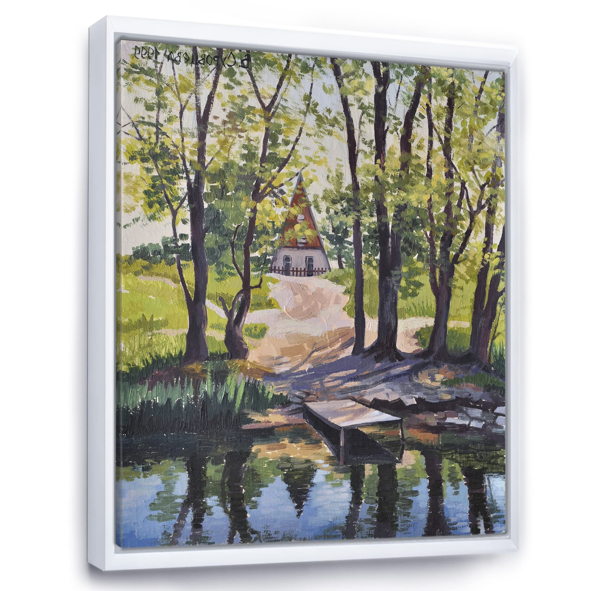 Mysterious Lake House By The River - Framed Canvas Wall Art Print for Living Room, Bedroom & Office Decor | Nature Landscape Painting | DesignQ