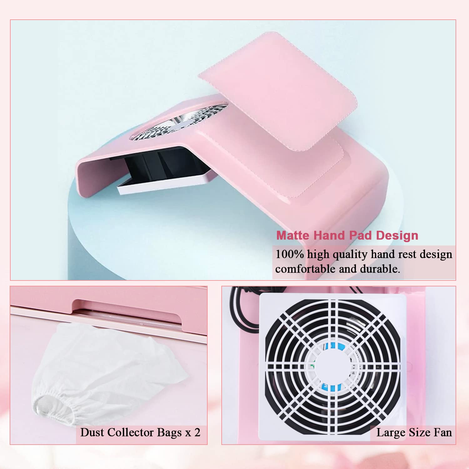 40W Pink Nail Dust Extractor for Manicure & Gel Removal - Salon & Home Use