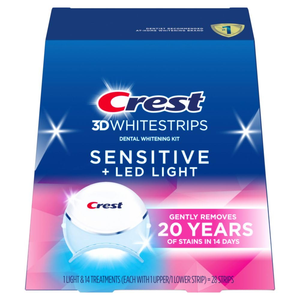 Crest 3DWhitestrips Sensitive Teeth Whitening Kit with LED Light - 14 Treatments, Gentle Stain Removal for 20-Year-Old Stains | Professional At-Home Whitening for Sensitive Teeth & Brighter Smile