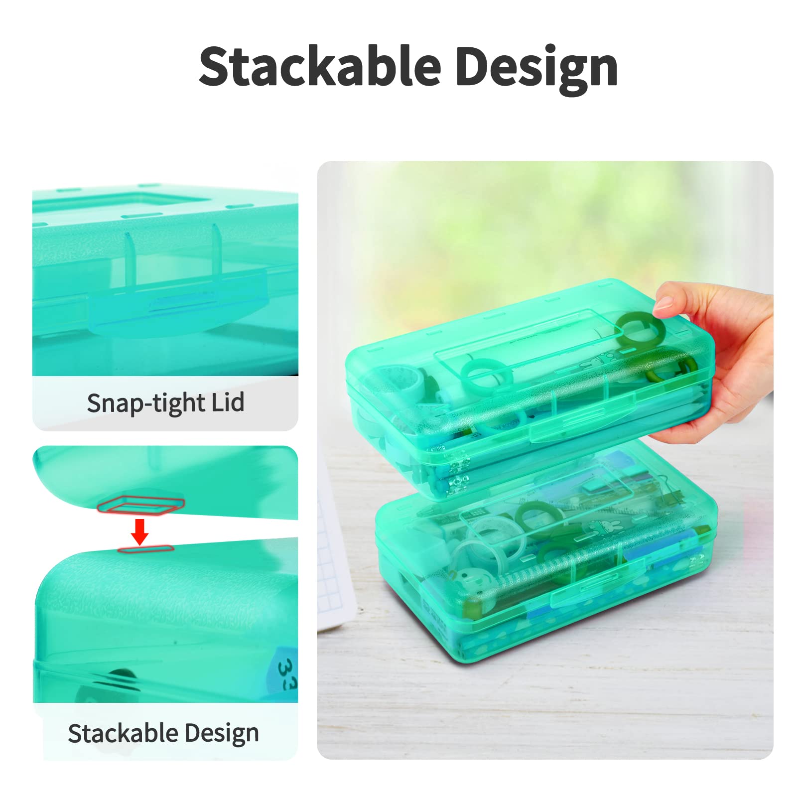 Sooez 3-Piece Plastic Pencil Box Set - Large Stackable School Supply Organizer for Kids (8.2x4.6x2.3 Inches) - Perfect for Classroom, Homework & Art Supplies Storage