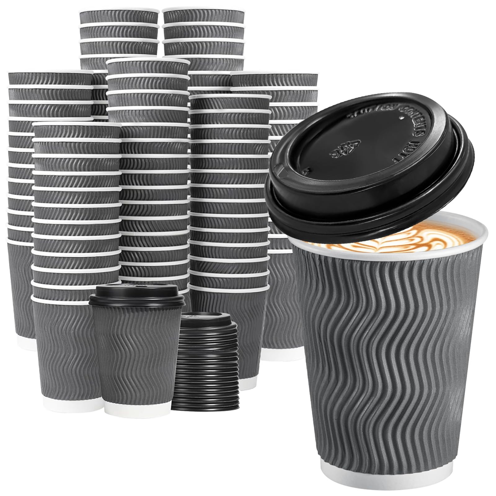 Lamosi 500 Pack - 12 oz Insulated Disposable Coffee Cups with Lids, To-Go Paper Coffee Cups for Hot Drinks, Corrugated Ripple Wall Design for Office, Coffee Bar, Cafes, and Takeout - Grey