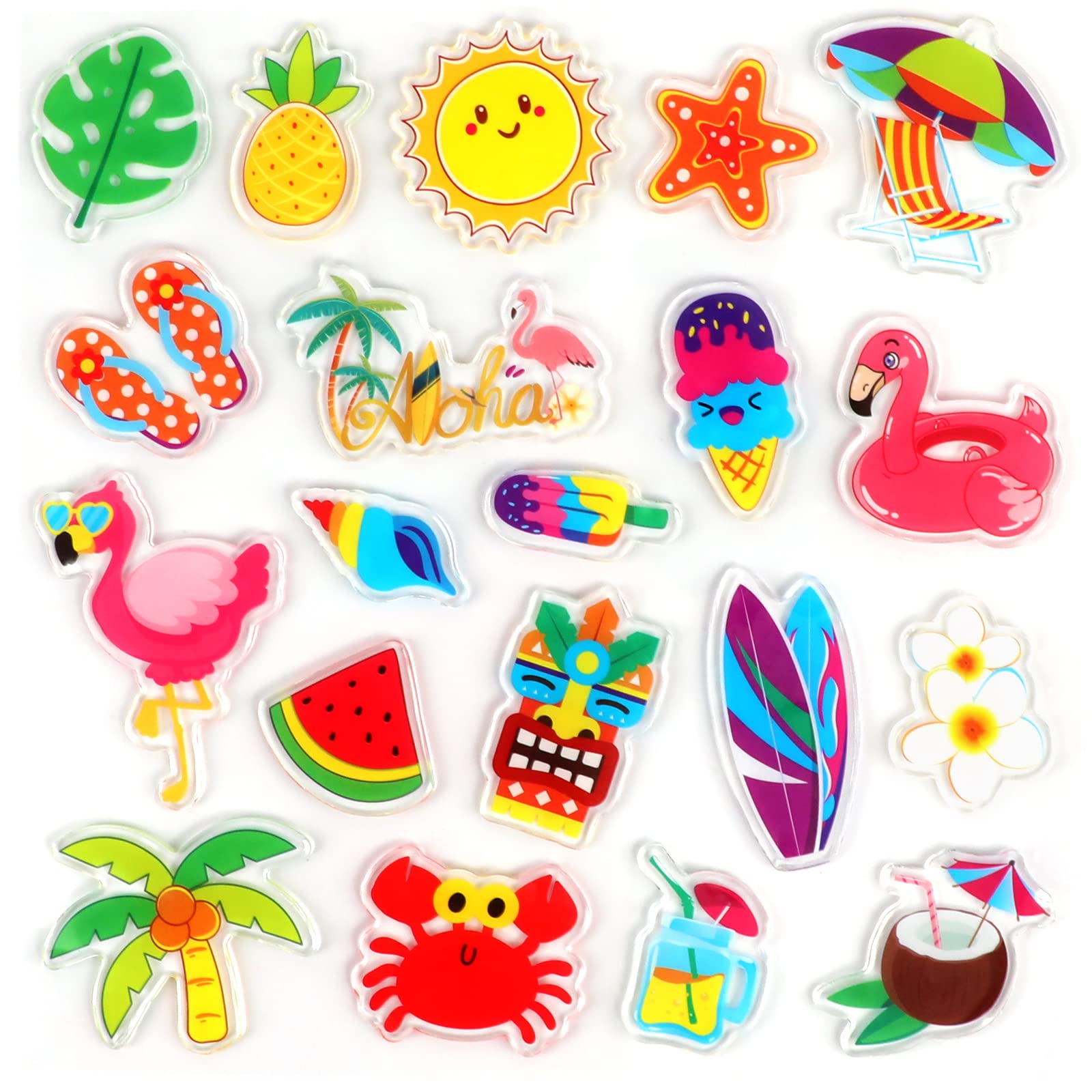 20 PCS Hawaiian Thick Gel Clings - Summer Beach Window Decals for Kids, Toddlers & Adults - Removable & Reusable Stickers for Home, Airplane, Classroom, Nursery & Hawaiian Party Decorations - Perfect for Tropical Themed Parties, Vacation Vibes & DIY Home Decor