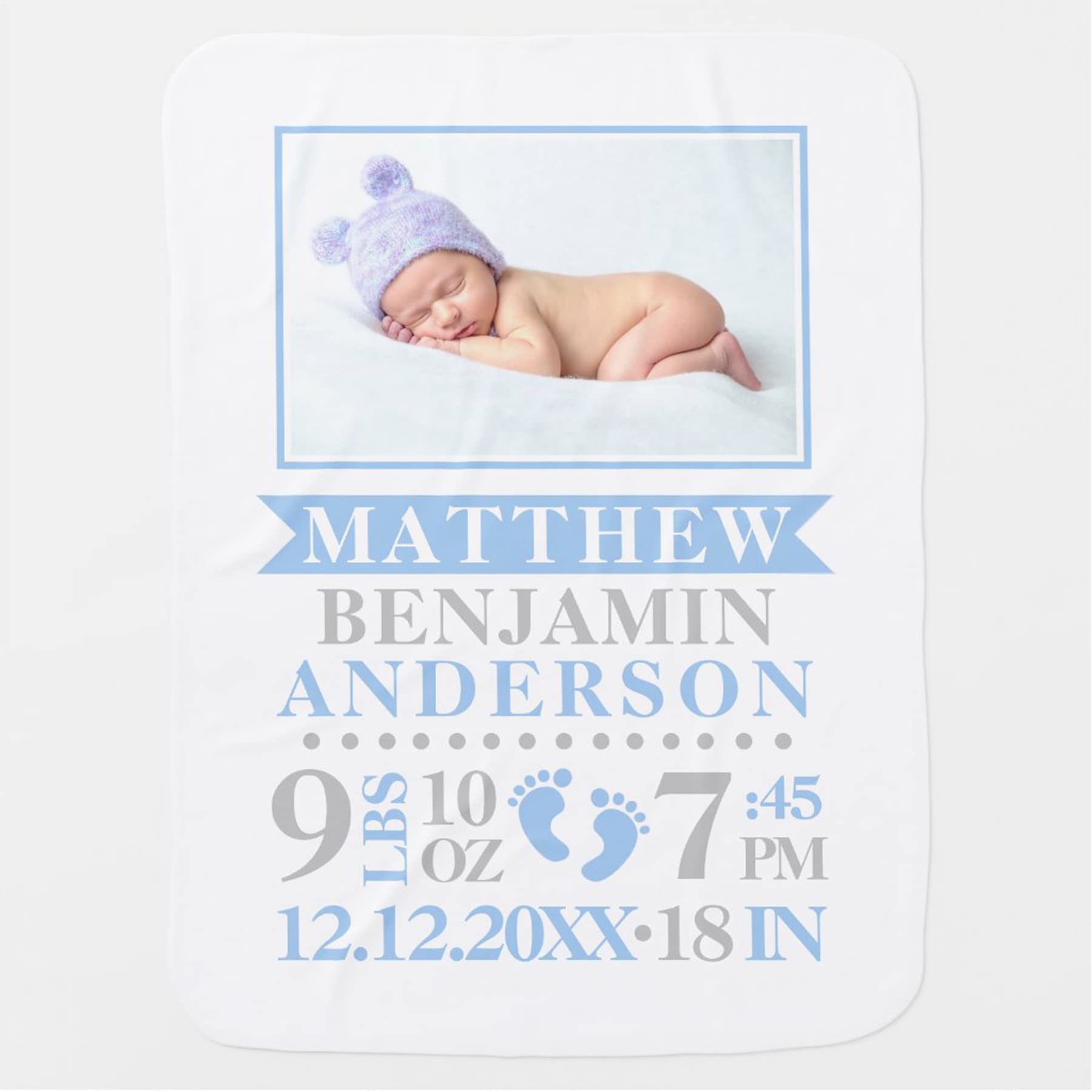 Personalized Baby Blanket Custom with Name, Birth Info & Photo - 30x40 Inch Soft Newborn Blanket for Boys - Perfect for Nursery, Photo Shoots & Special Gifts