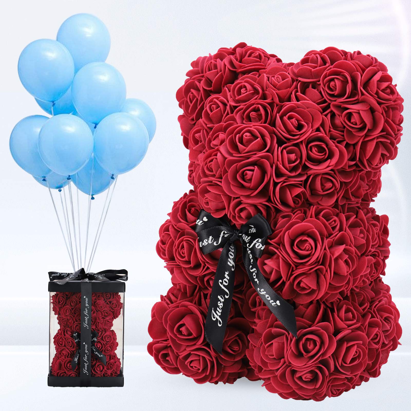 LINKLO 10-inch Rose Teddy Bear - Artificial Rose Flower Bear with Transparent Gift Box, Romantic Gift for Wedding, Mother's Day & Anniversary (Deep Red) | Perfect for Valentine's Day, Birthday Surprises & Home Decor