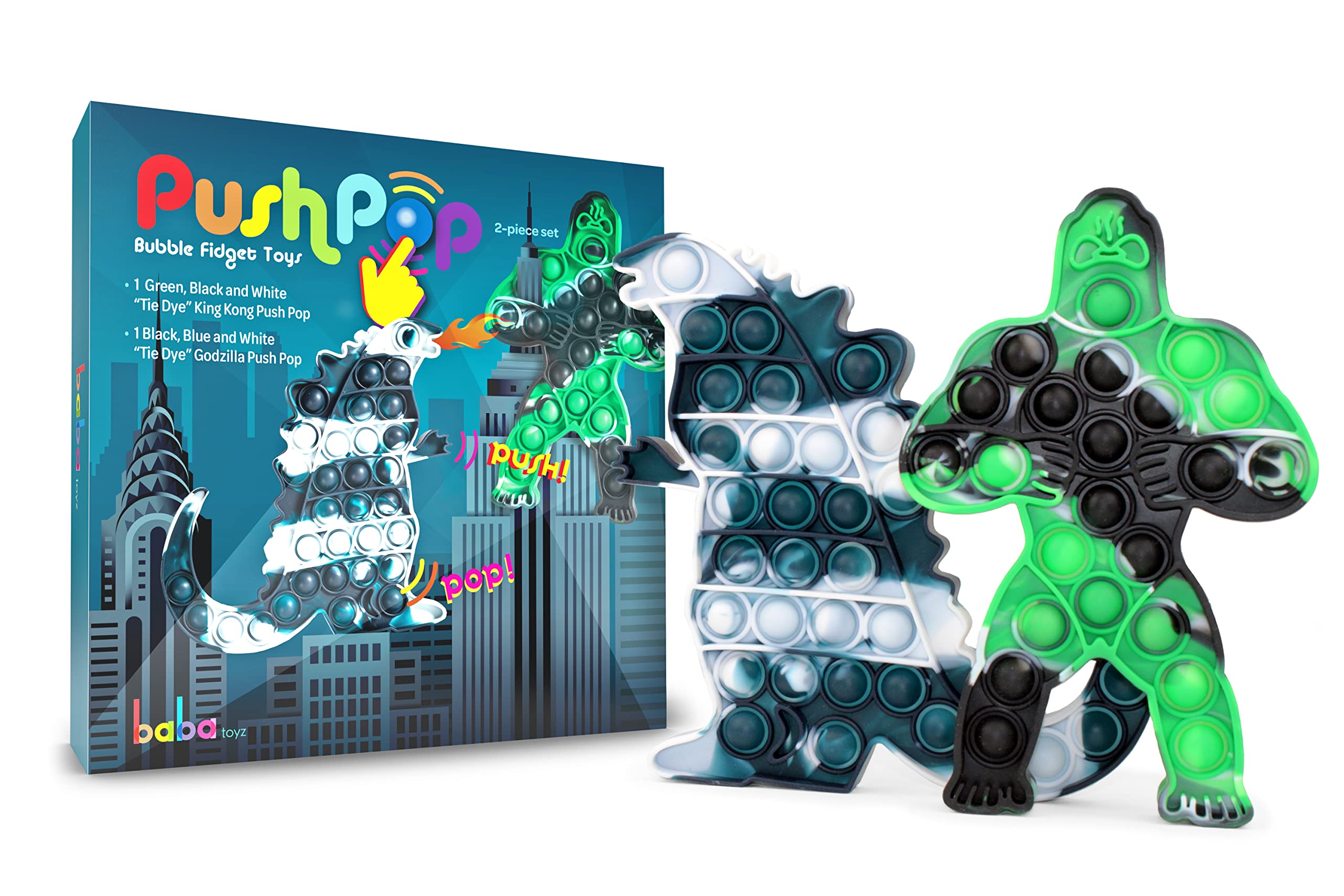 Baba Toyz 2-Piece Godzilla & King Kong Push Pop Fidget Sensory Toy Set - Giant Bubble Popper Stress Relief for Kids & Adults with ADD, Autism - Perfect for Classroom, Office, Travel and Anxiety Relief