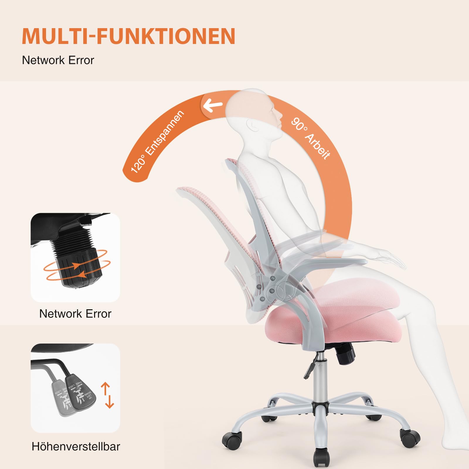 Ergonomic Mesh Office Chair with Lumbar Support - Mid Back Rolling Swivel Task Chair with Wheels & Flip-Up Arms - Comfortable Computer Desk Chair for Home Office, Study, Bedroom - Pink (Ideal for Remote Work, Online Classes & Gaming)