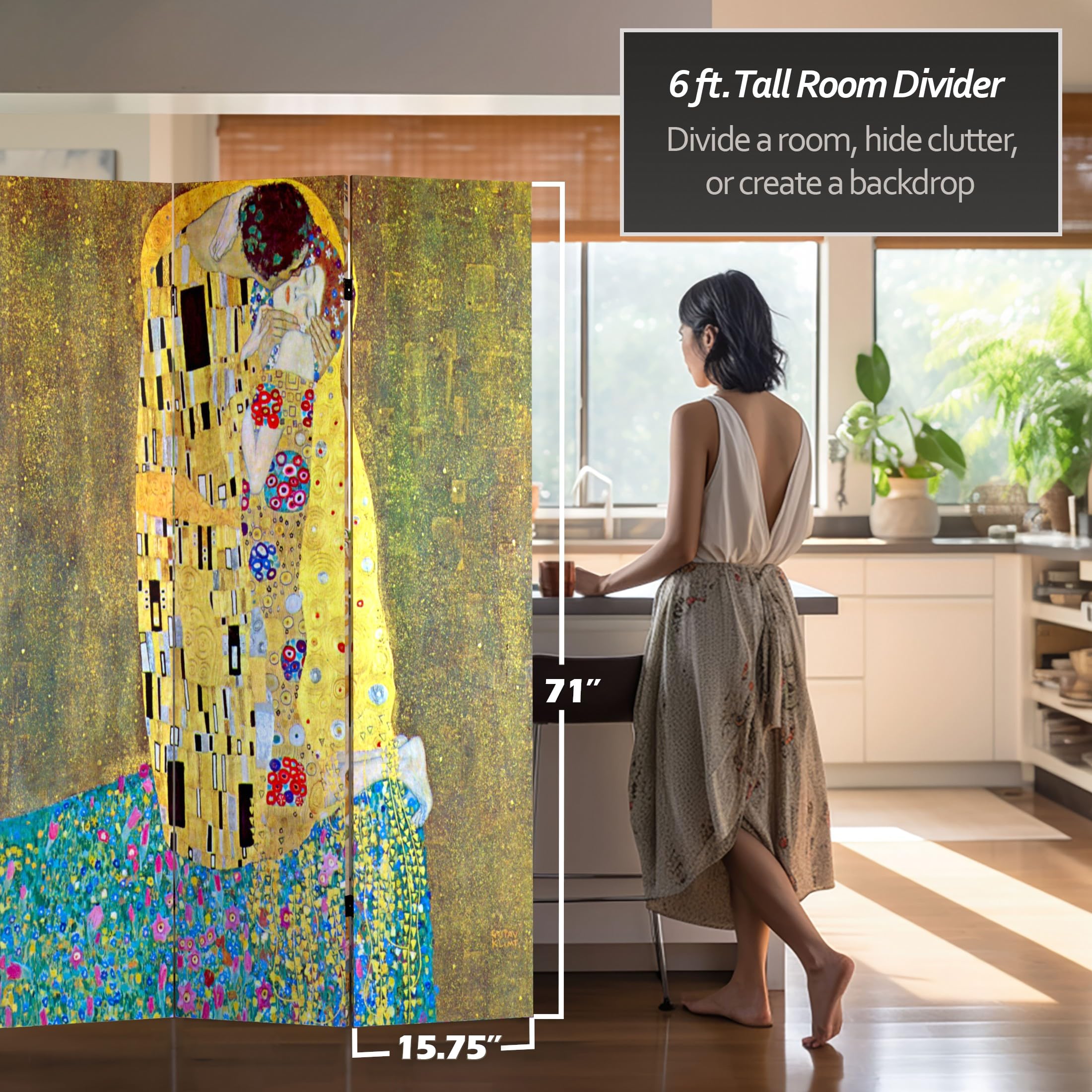6 ft. Tall Double-Sided Klimt's The Kiss & Tree of Life Red Lantern Room Divider - 71 Inch Height, 3-Panel Wide - Perfect for Home Decor, Office Partition & Asian-Themed Events