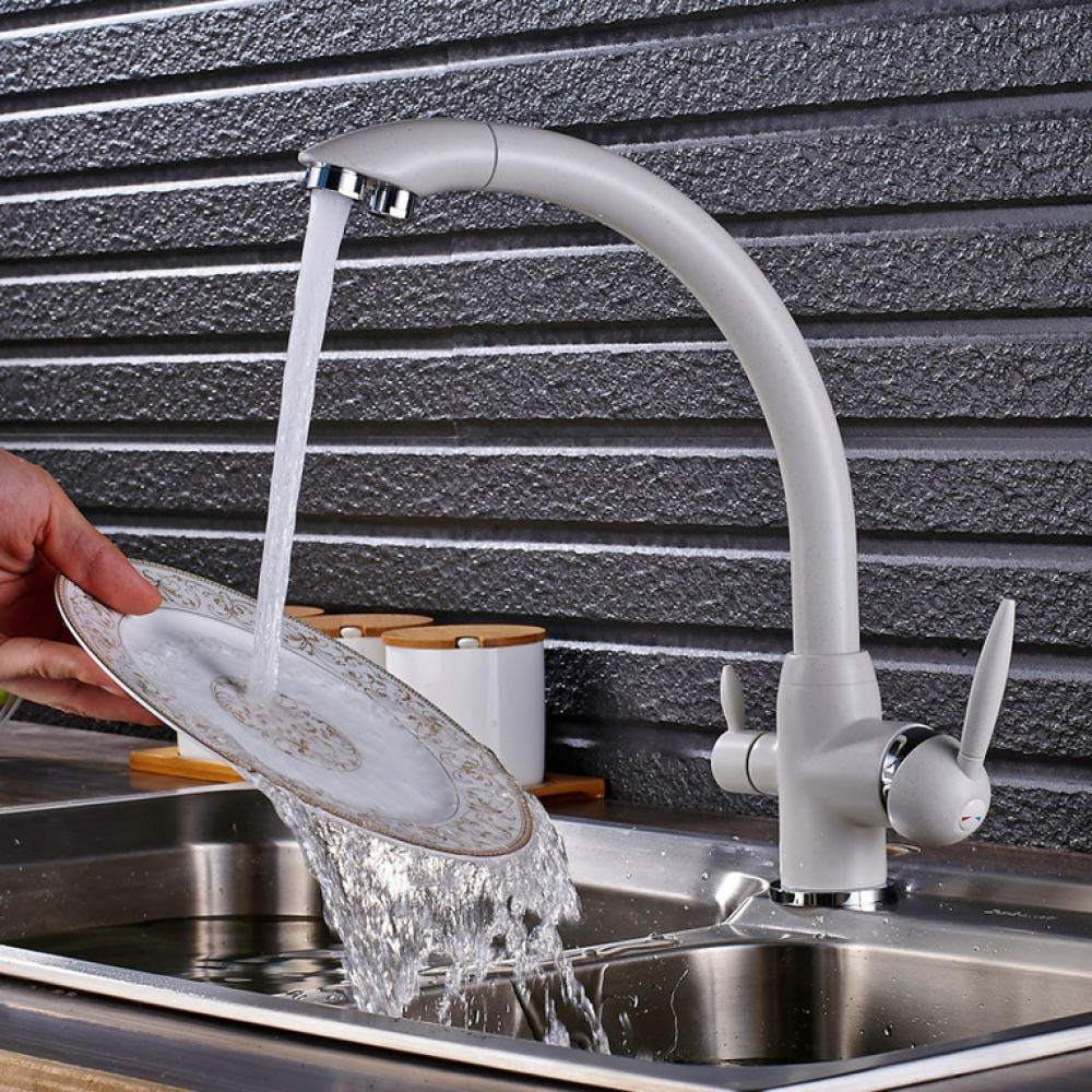 White 3-Way Purification Kitchen Faucet with Dual Water Outlet & Filter - Dual Handle Mixer Tap for Clean Drinking & Cooking Water | Perfect for Modern Kitchens & Home Water Filtration Systems