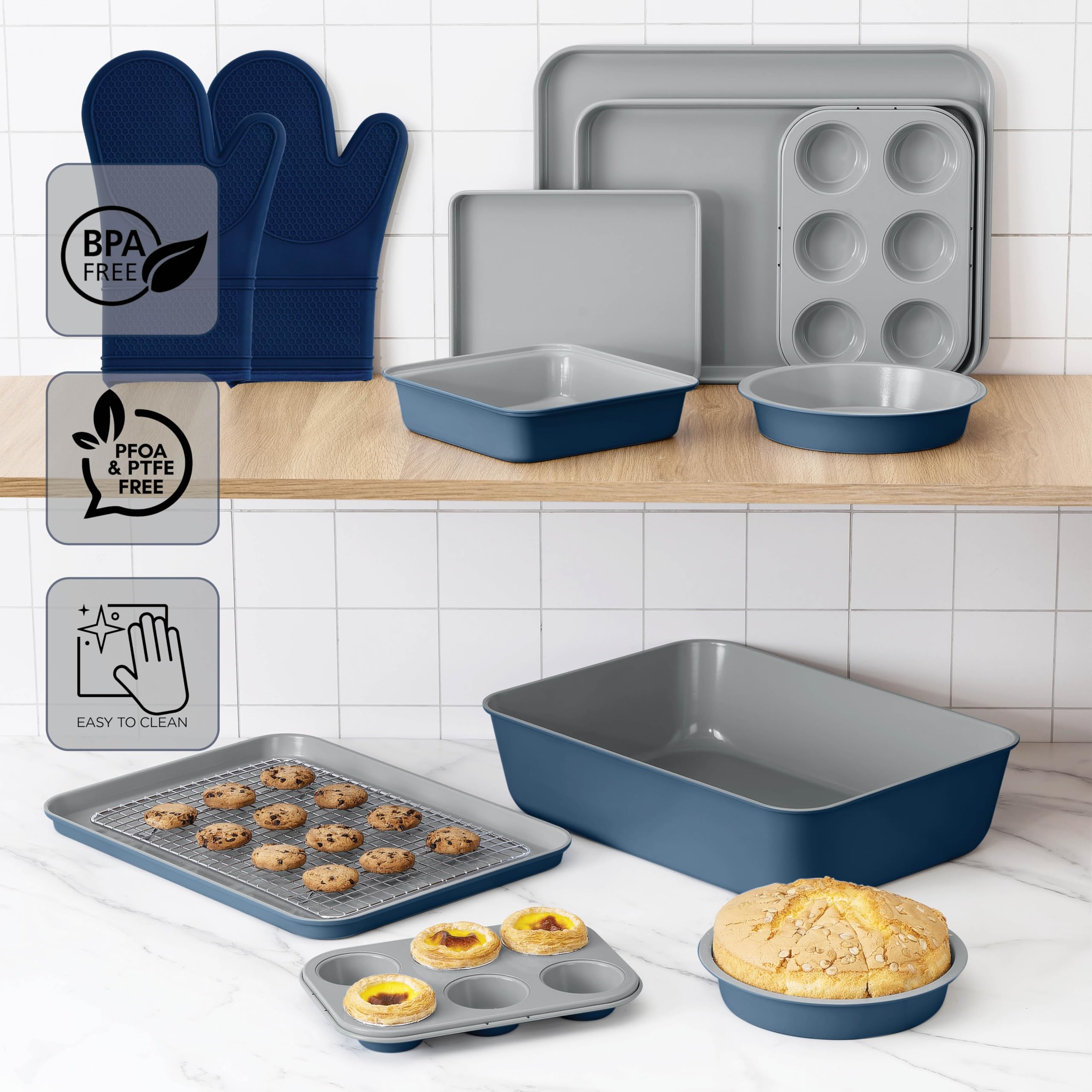 Nonstick Stackable Bakeware Set - 13-Piece Durable & Easy Release Country Kitchen Baking Pans in Denim Blue - Perfect for Cakes, Cookies, and Family Dinners