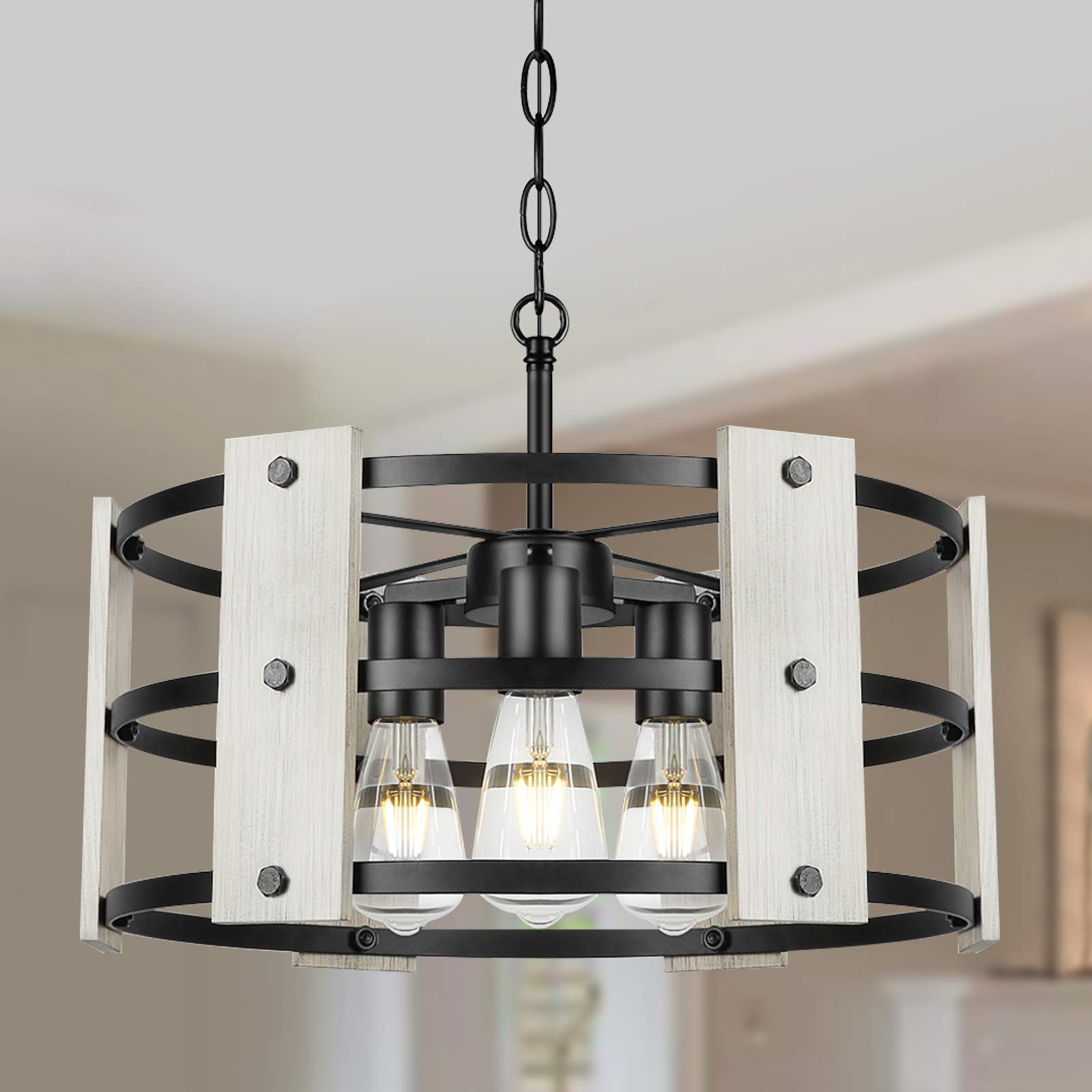 Derksic 3-Light Farmhouse Chandelier - White Wood & Metal Drum Pendant Light with Round Shade for Living Room, Dining Room, Kitchen Island & Foyer - Perfect for Rustic, Industrial & Modern Home Decor