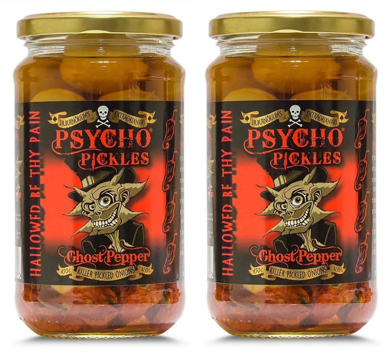 Set of 2 Psycho Onions Ghost Pepper Naga Pickled Onions - 450g Jar Each - Spicy Pickled Vegetables for Sandwiches, Burgers & Snacks