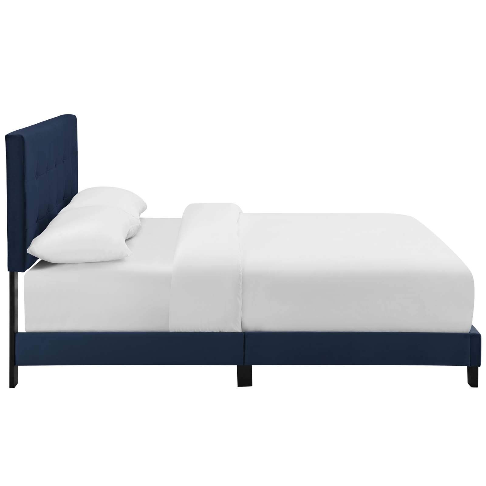 Modern Contemporary Urban Design Bed Frame - Velvet Fabric, Navy Blue, Queen Size (Box Spring Required) - Perfect for Bedroom, Guest Room & Apartment Decor